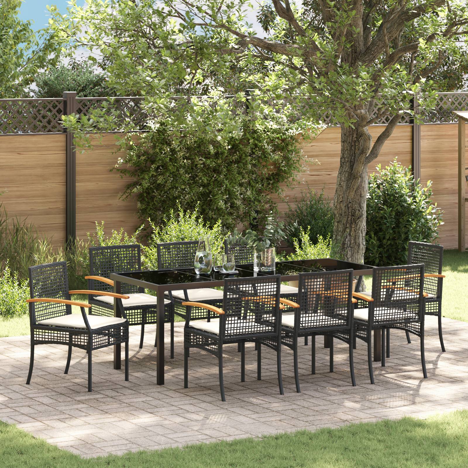 vidaXL 9-teiliges Garten-Ess-Set mit Kissen - schwarzes Poly-Rattan