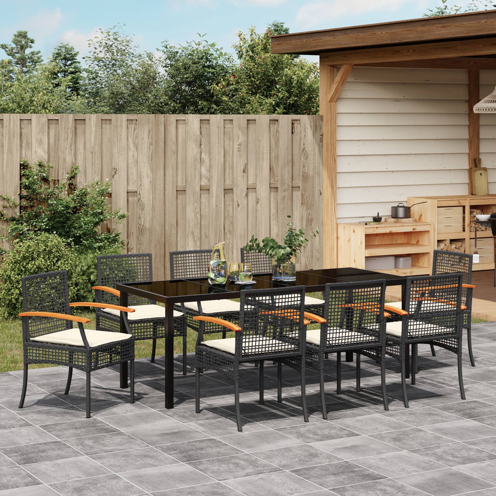 vidaXL 9-teiliges Garten-Ess-Set mit Kissen - schwarzes Poly-Rattan