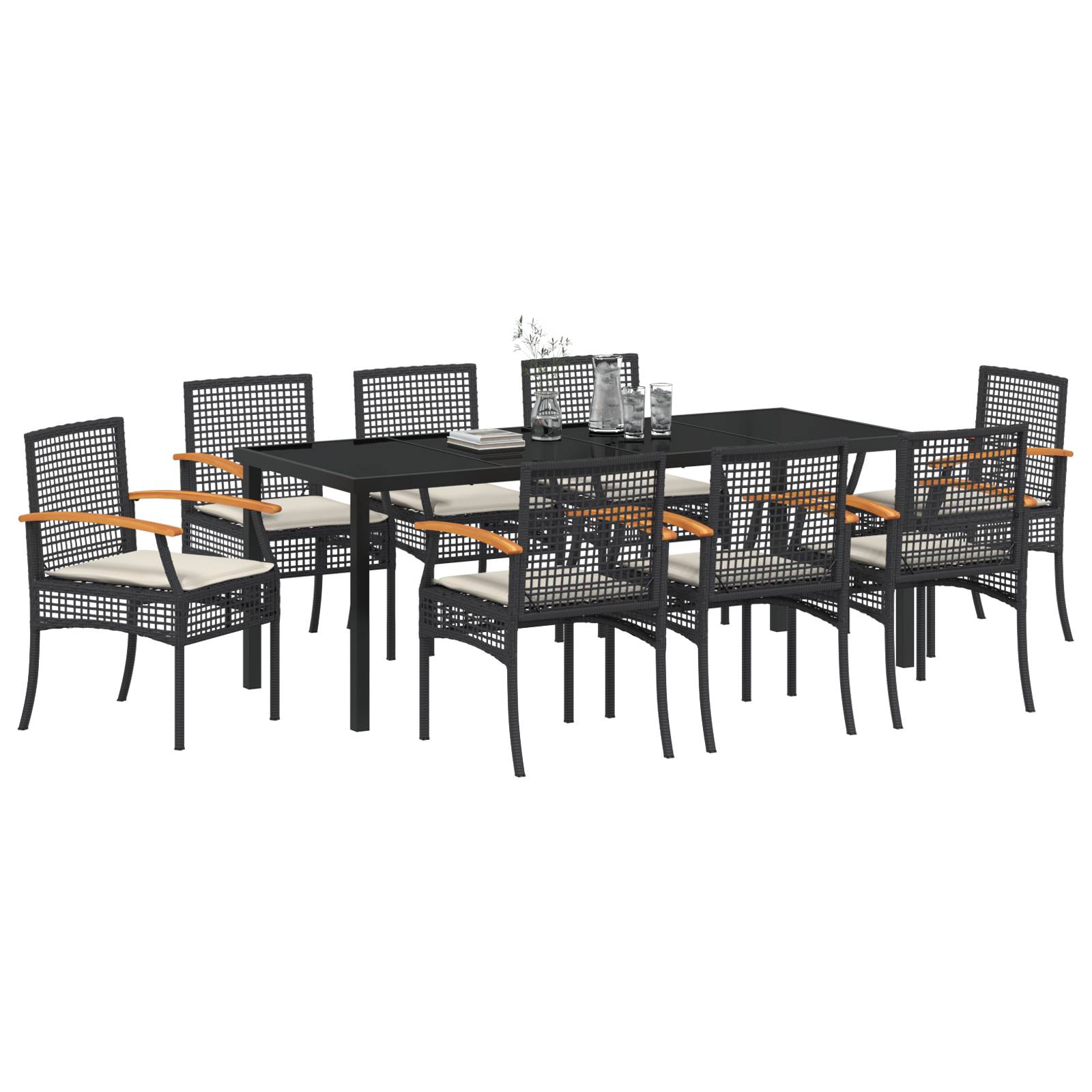 vidaXL 9-teiliges Garten-Ess-Set mit Kissen - schwarzes Poly-Rattan
