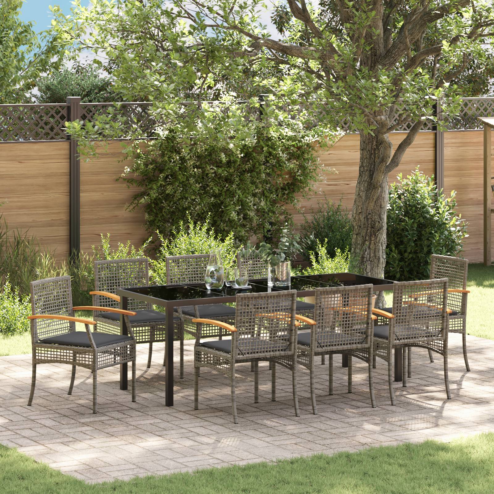 vidaXL 9-teiliges Gartenset mit Kissen Grau Poly-Rattan