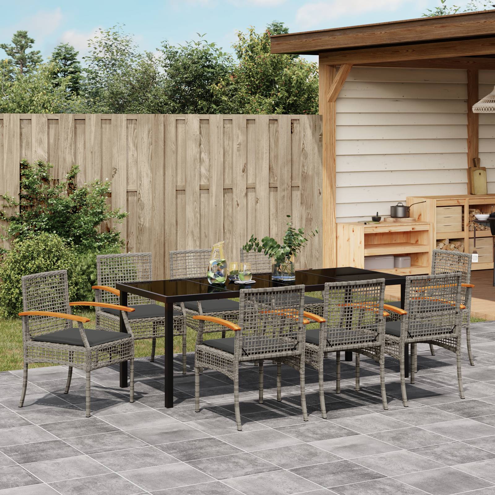 vidaXL 9-teiliges Gartenset mit Kissen Grau Poly-Rattan