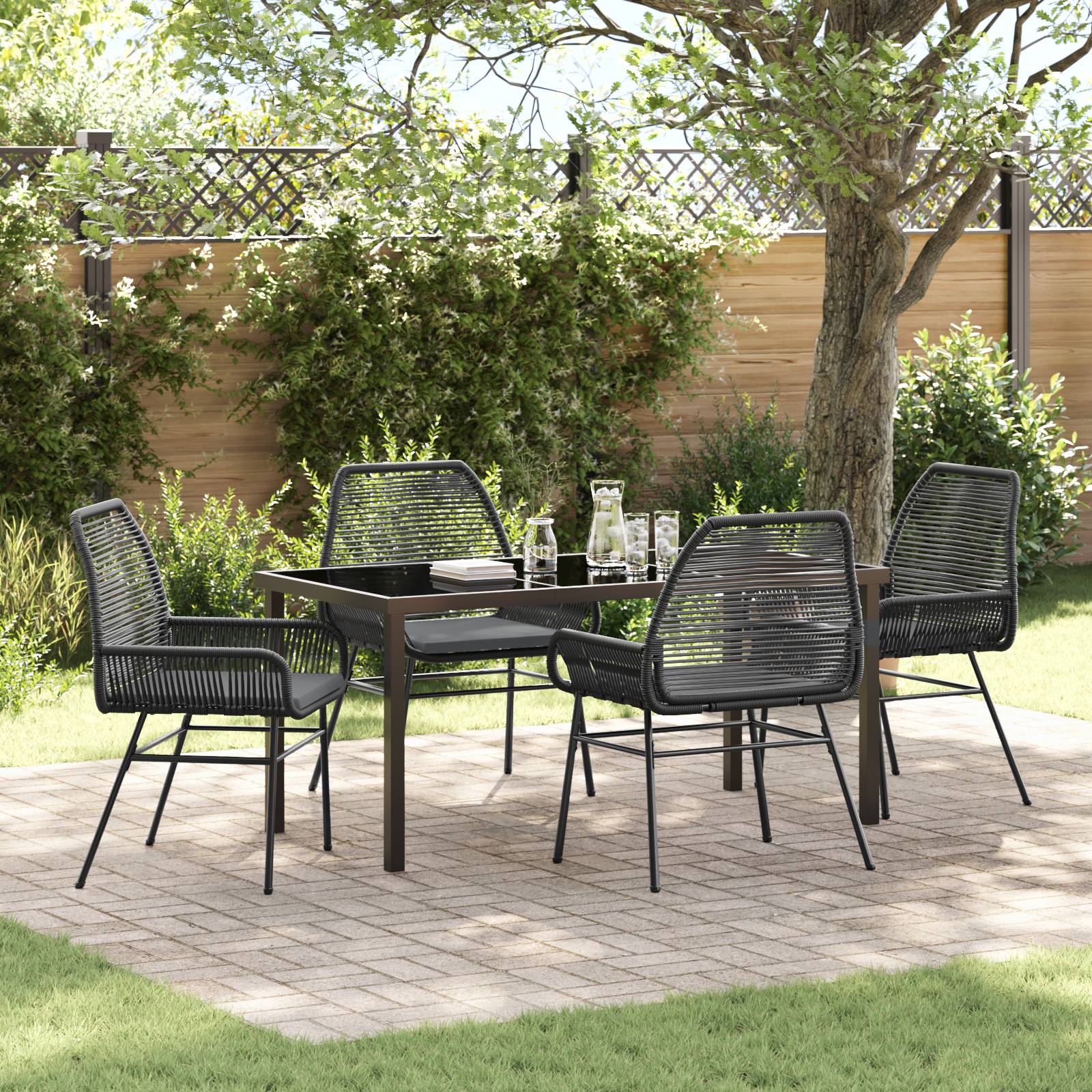 vidaXL 5-teiliges Garten-Essgruppen-Set mit Kissen Schwarz Poly-Rattan