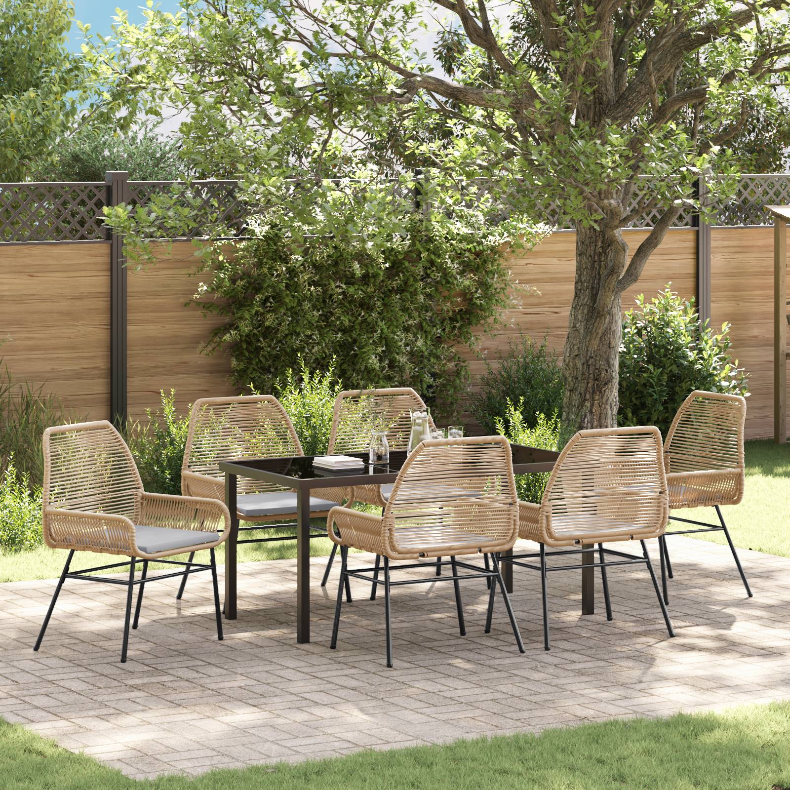 vidaXL 7-teiliges Garten-Essset mit Kissen in Braun aus Poly-Rattan