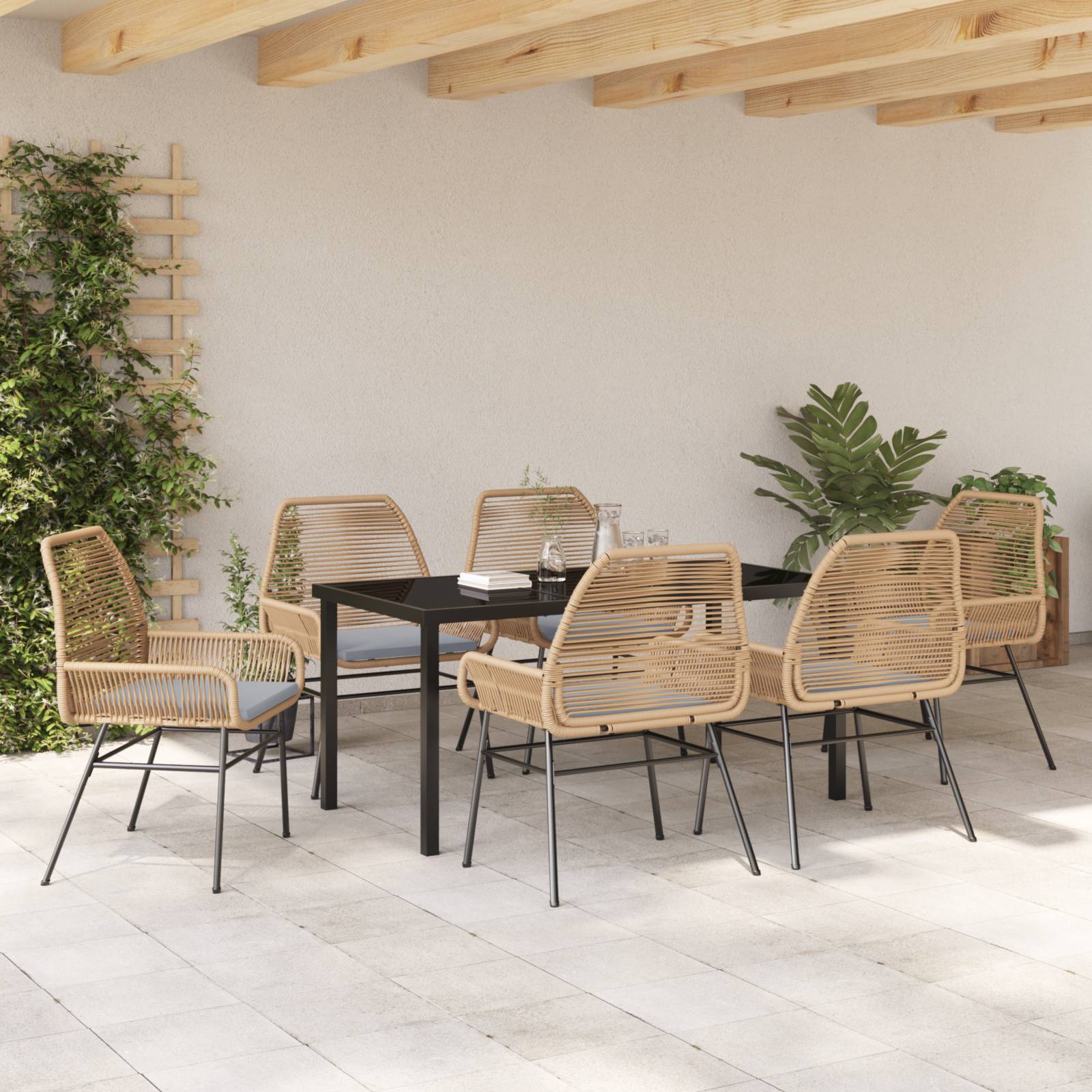 vidaXL 7-teiliges Garten-Essset mit Kissen in Braun aus Poly-Rattan