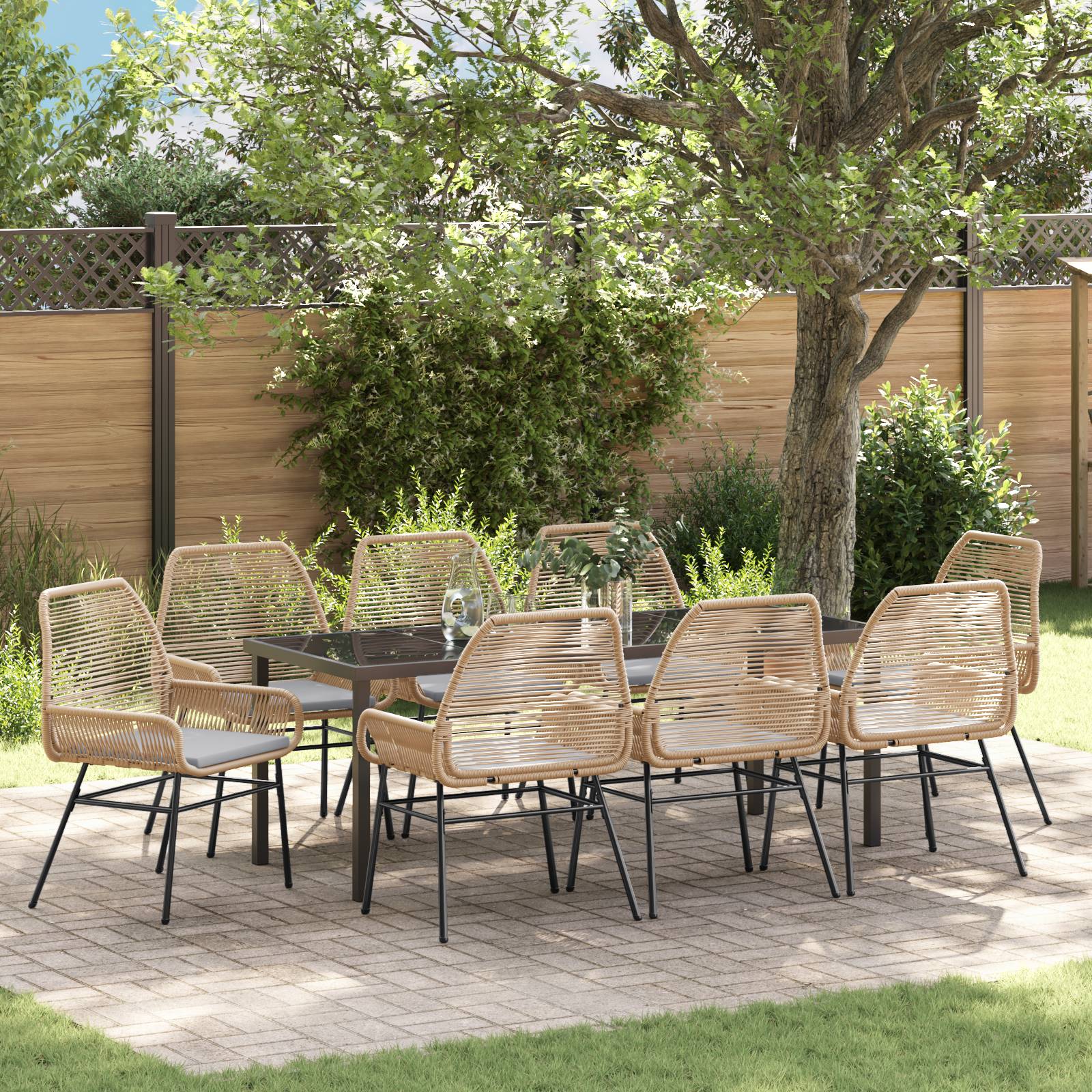 vidaXL 9-teiliges Garten-Essset mit Kissen Braun Poly Rattan