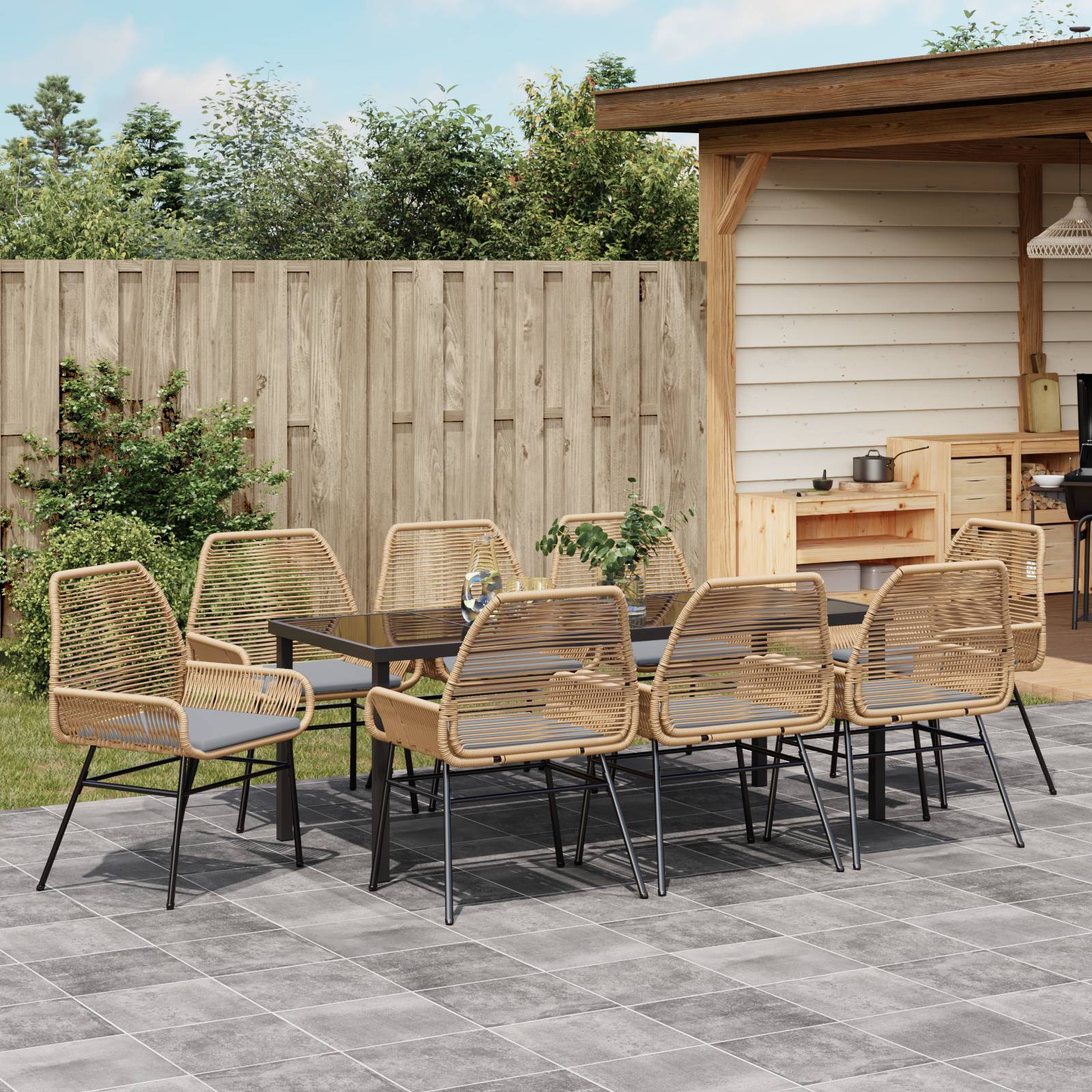 vidaXL 9-teiliges Garten-Essset mit Kissen Braun Poly Rattan