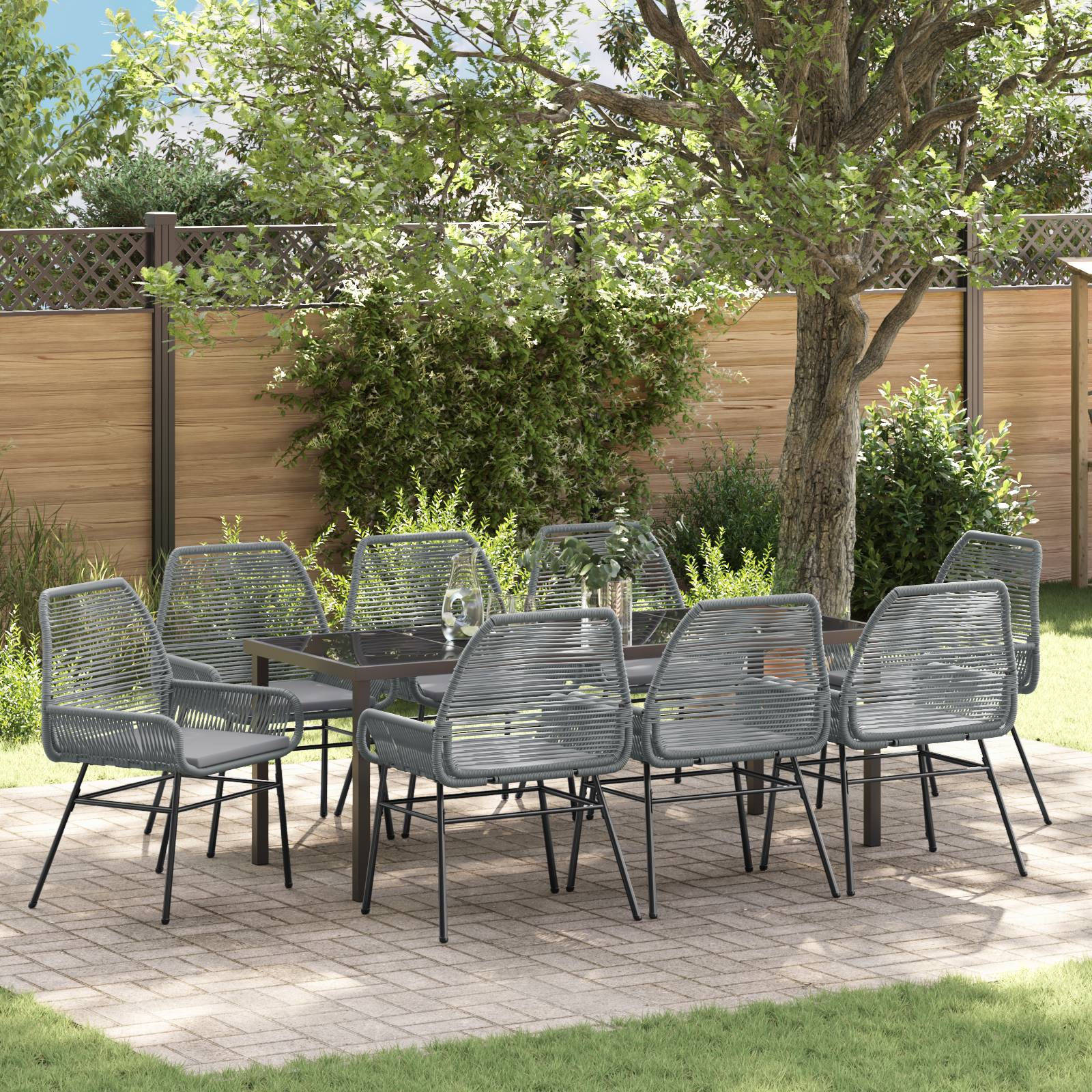 vidaXL 9-teiliges Garten-Essset mit Kissen grau Poly-Rattan