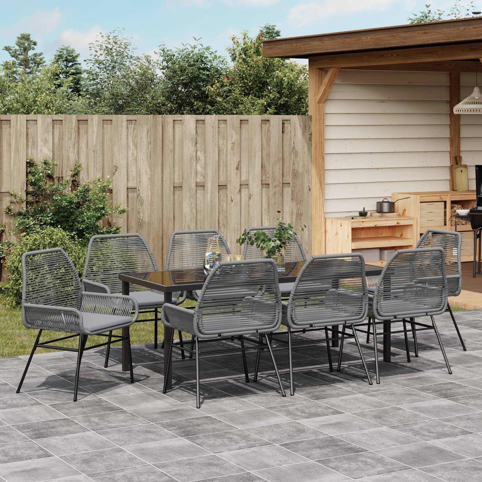 vidaXL 9-teiliges Garten-Essset mit Kissen grau Poly-Rattan