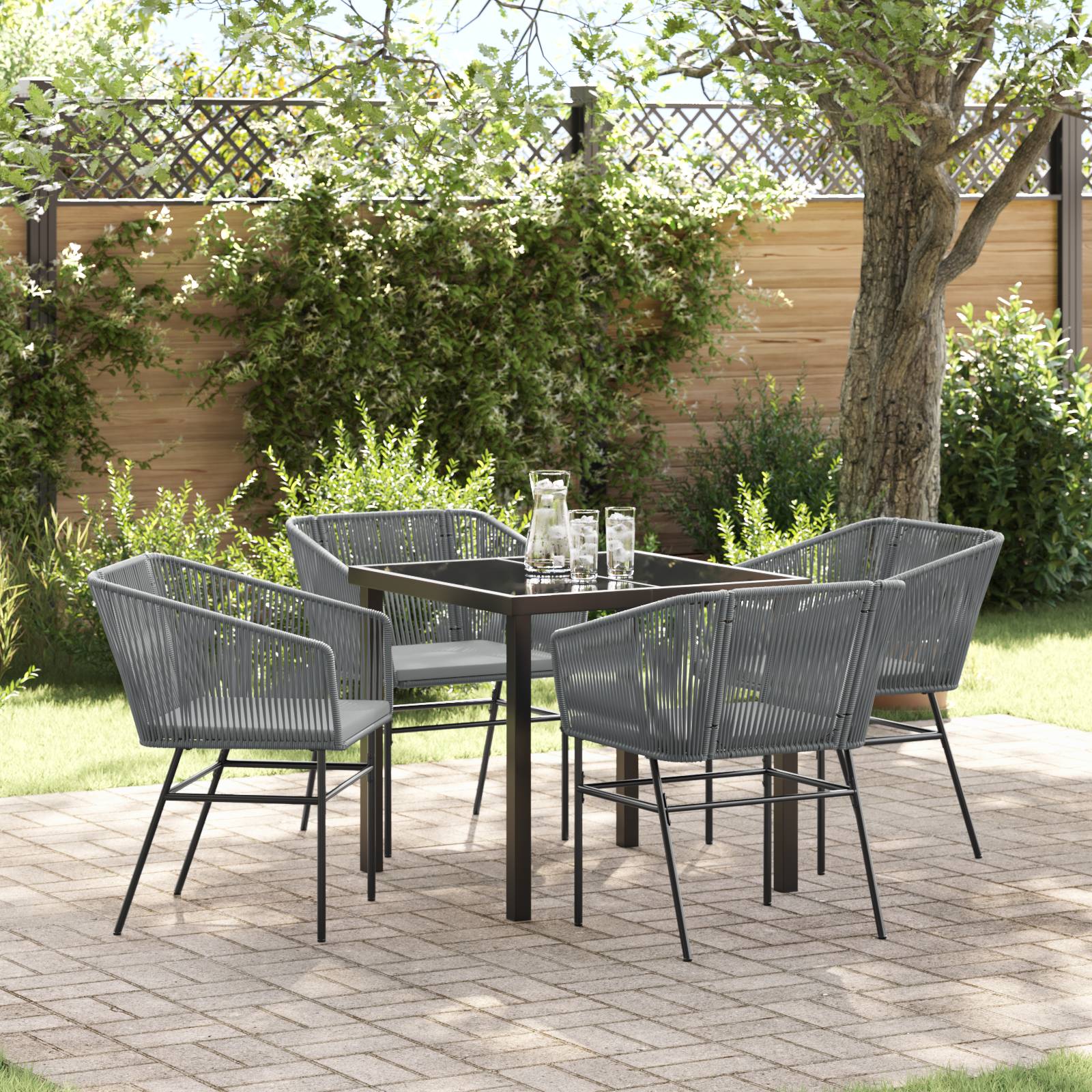 vidaXL 5-teiliges Garten-Esszimmer Set mit Kissen Grau Poly Rattan