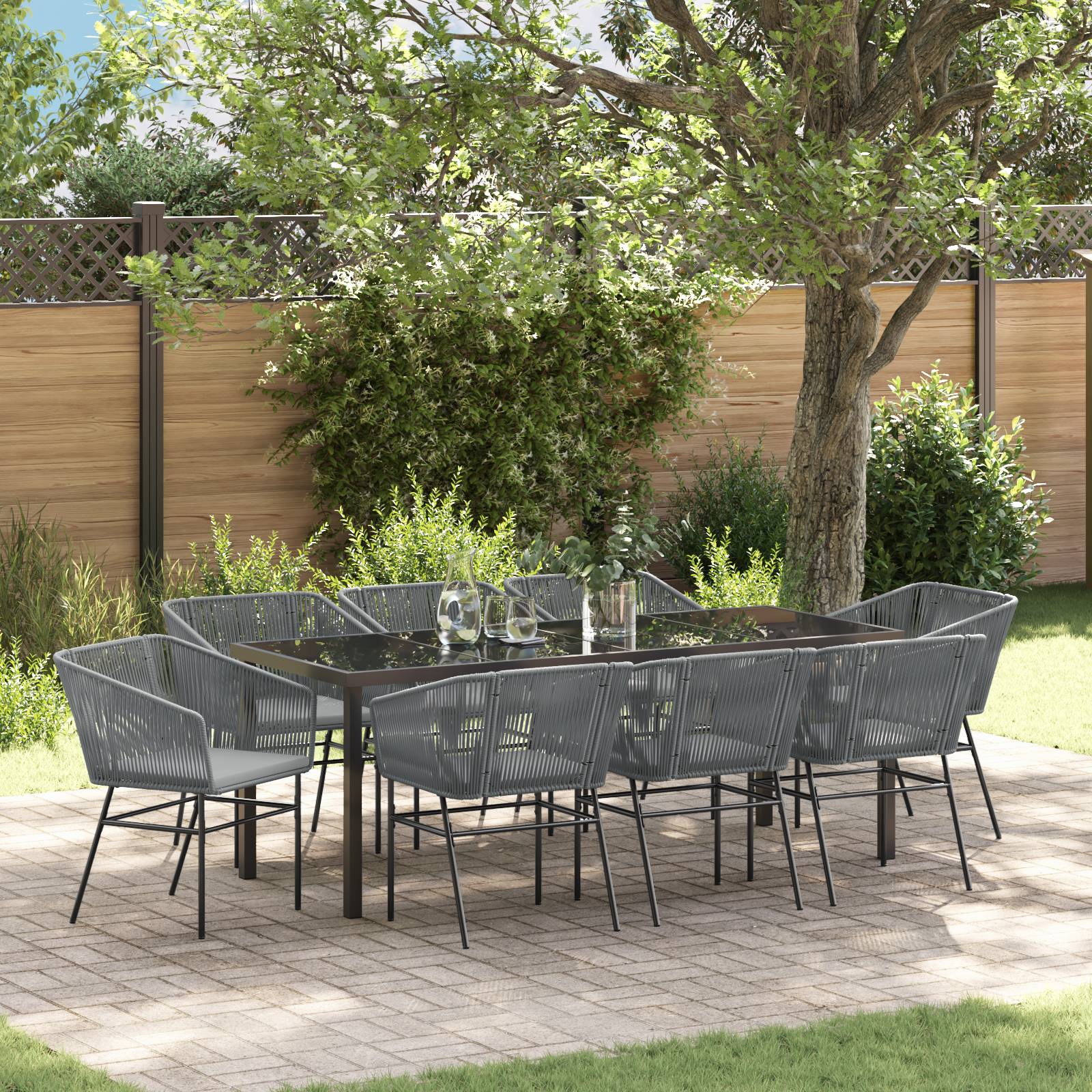vidaXL 9-teiliges Garten-Esszimmer-Set mit Kissen Grau Poly-Rattan