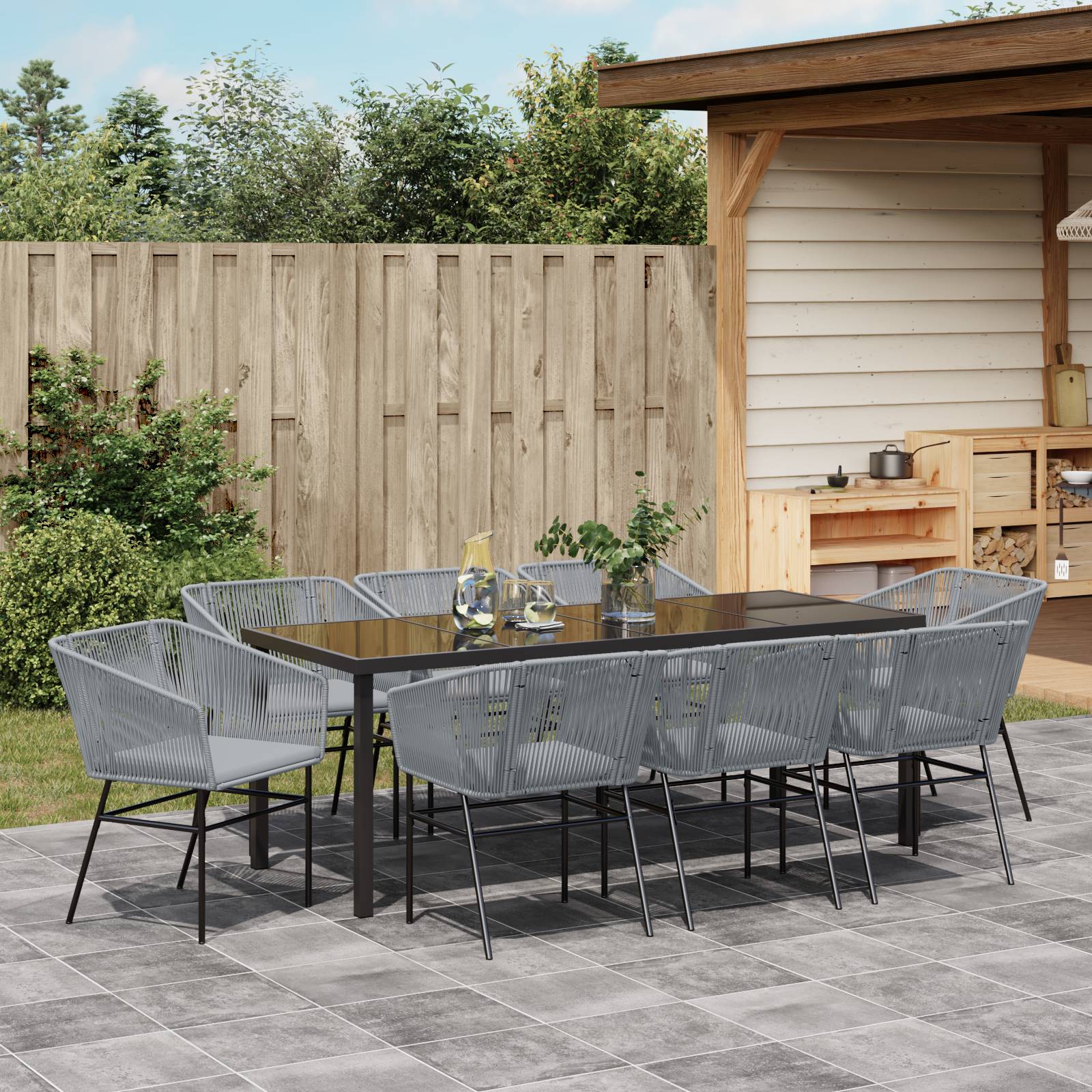 vidaXL 9-teiliges Garten-Esszimmer-Set mit Kissen Grau Poly-Rattan