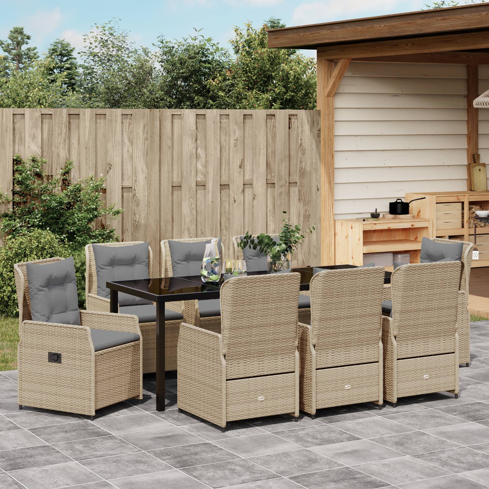 vidaXL 9-teiliges Garten Esstisch Set Beige Poly Rattan