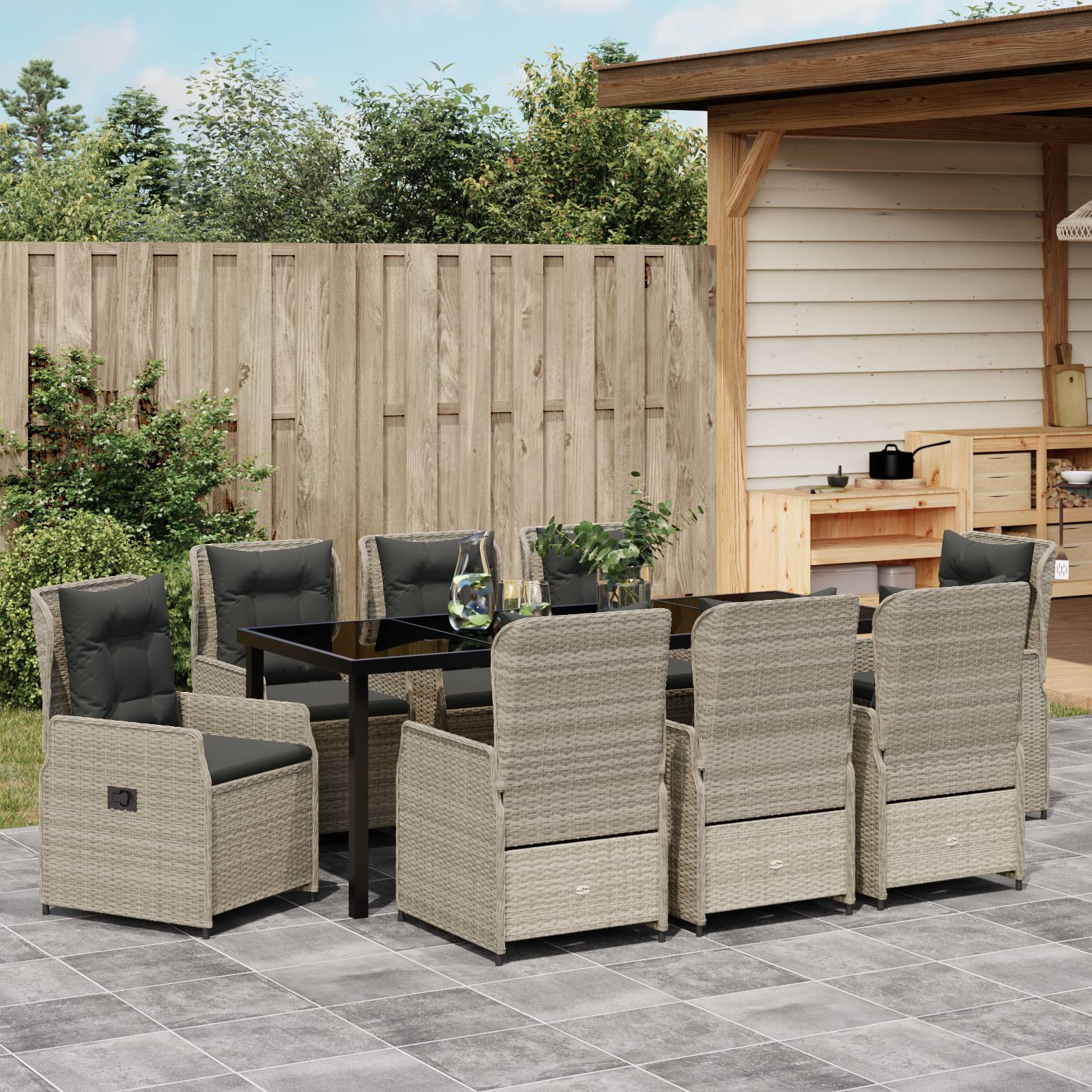 vidaXL 9-teiliges Garten Esszimmer Set Hellgrau Poly Rattan