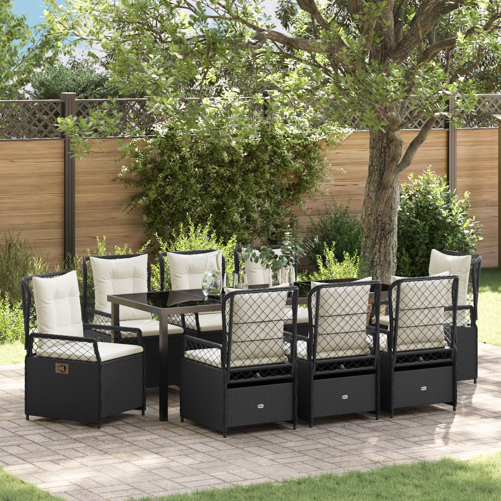 vidaXL 9-teilige Gartentischgruppe Schwarz Poly-Rattan