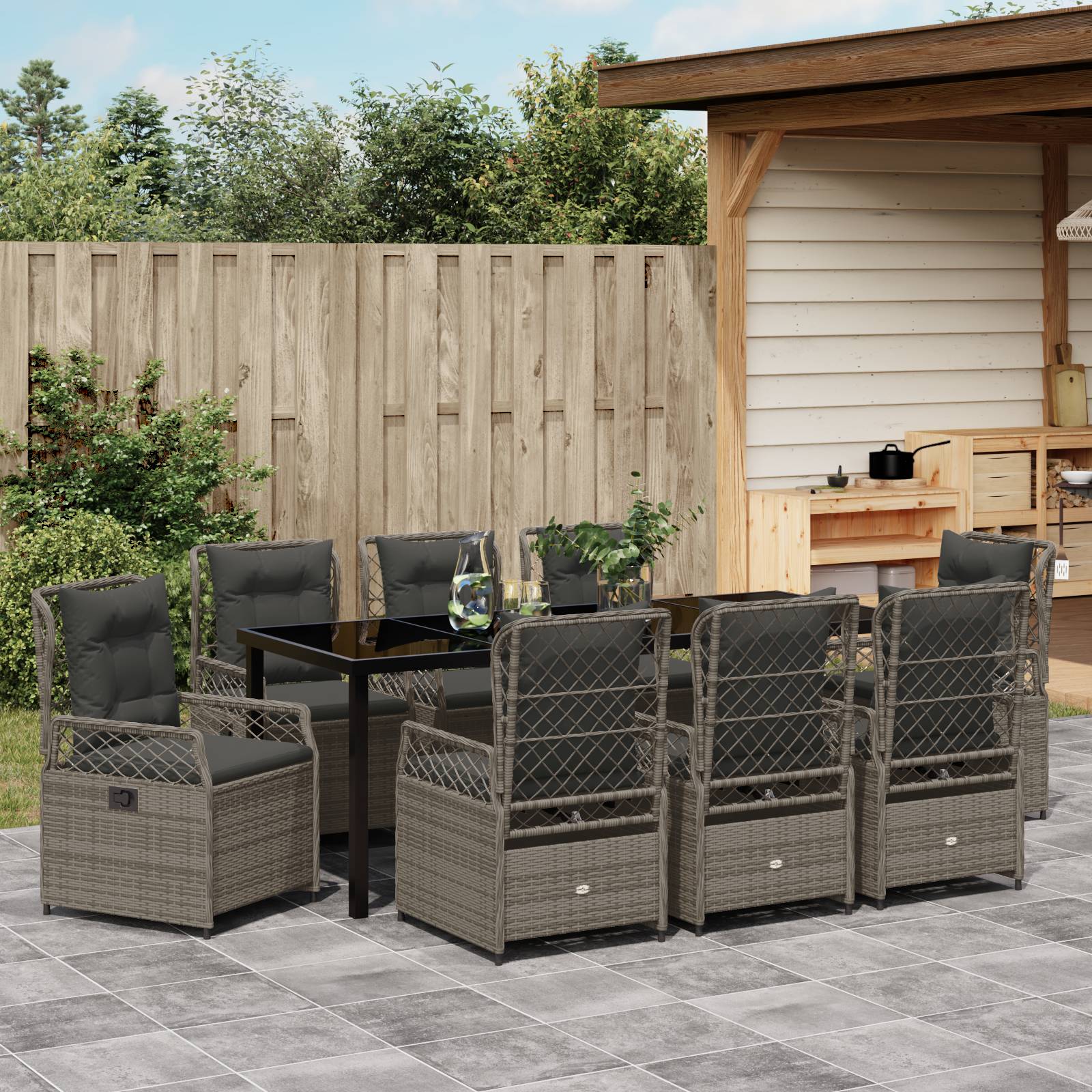 vidaXL 9-teiliges Garten-Diningset Grau Poly Rattan