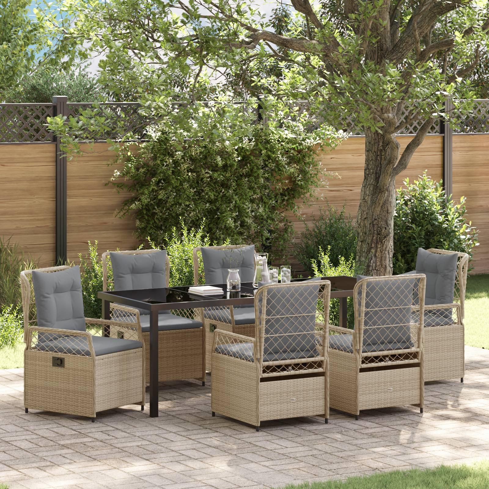 vidaXL 7-teiliges Garten-Esstischset Beige Poly-Rattan