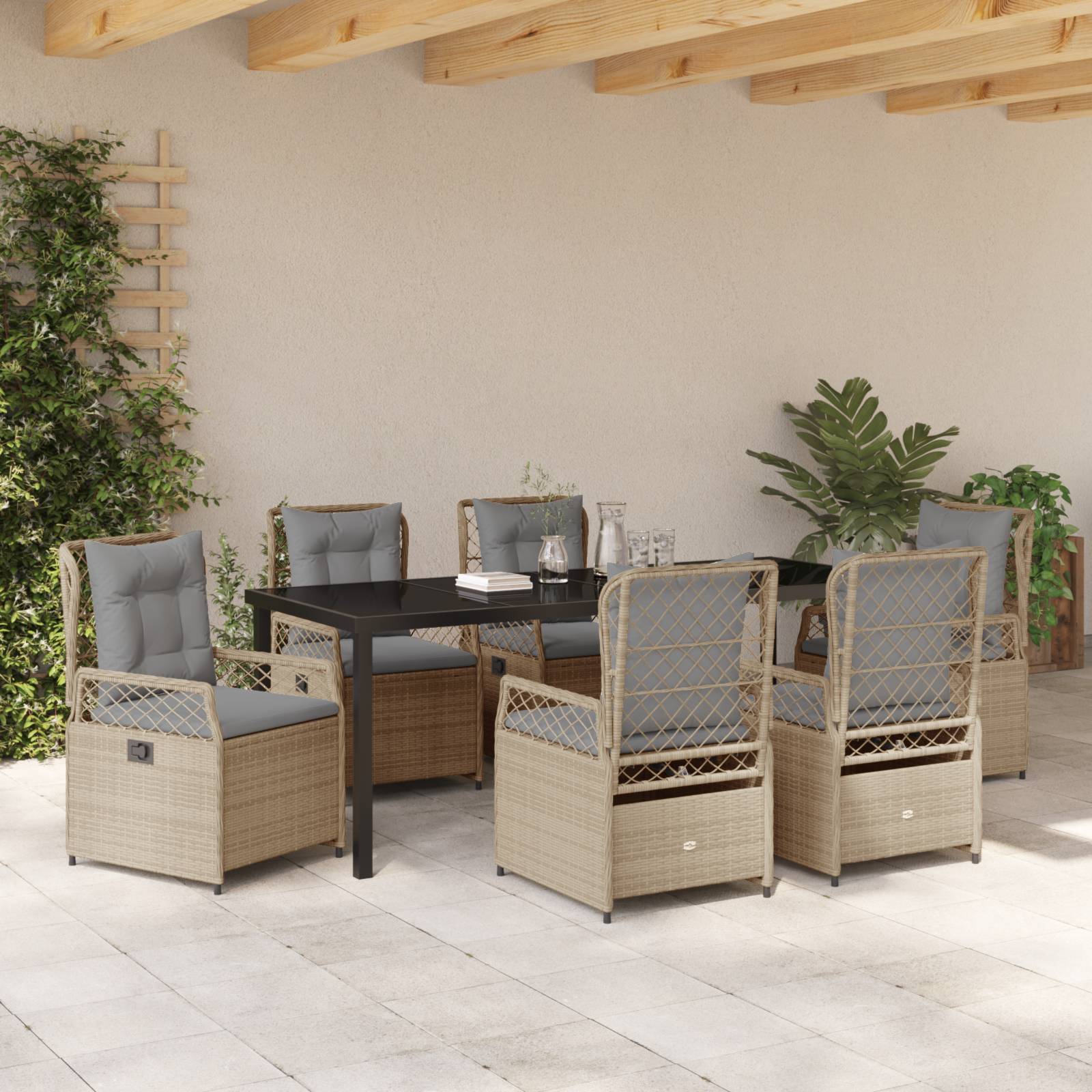 vidaXL 7-teiliges Garten-Esstischset Beige Poly-Rattan
