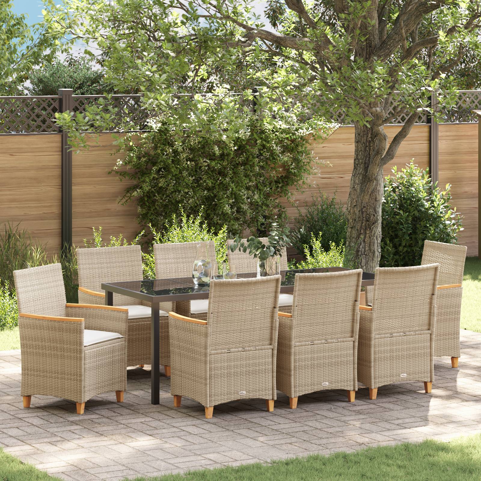 vidaXL 9-teiliges Garten-Essstuhl-Set mit Kissen Beige Poly Rattan