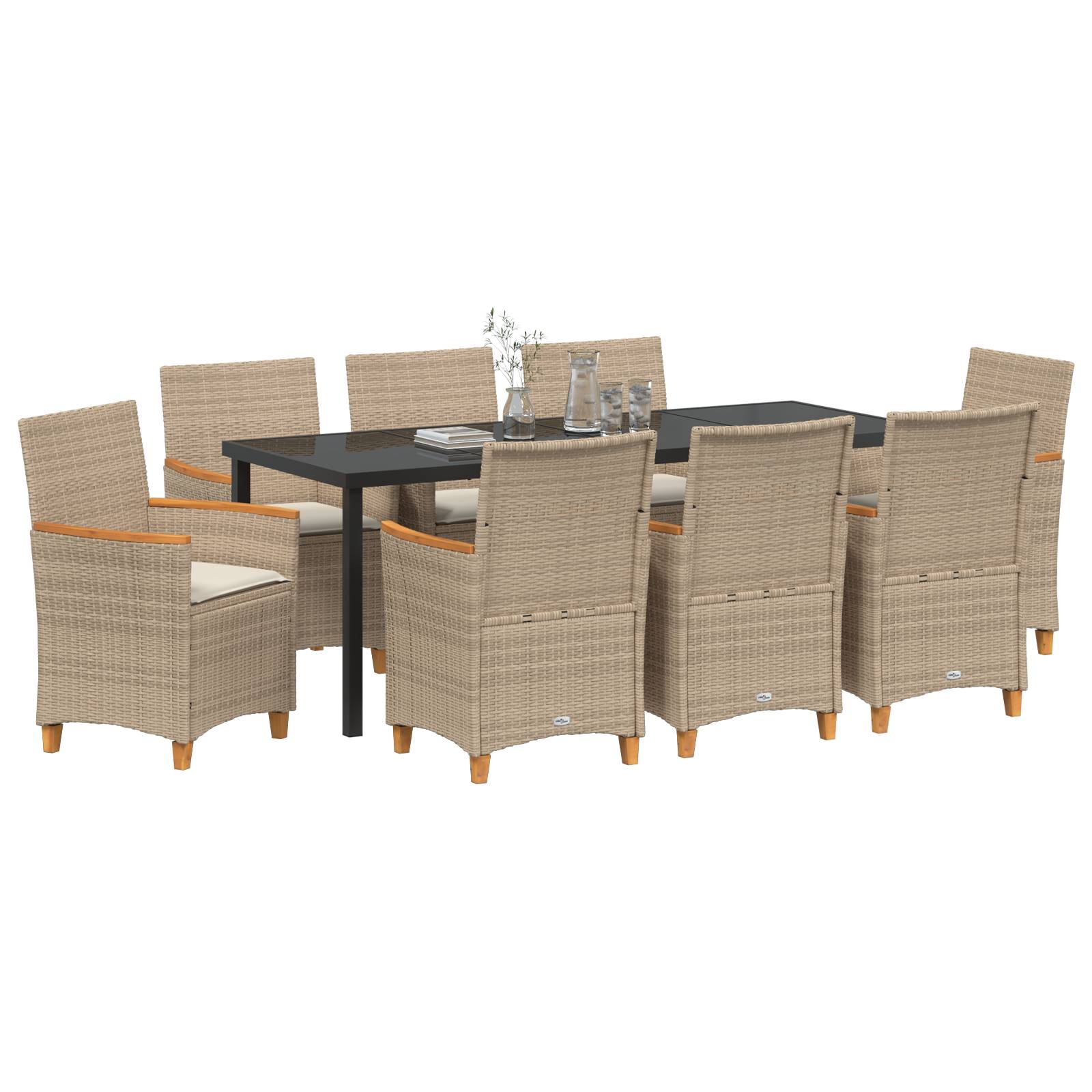 vidaXL 9-teiliges Garten-Essstuhl-Set mit Kissen Beige Poly Rattan