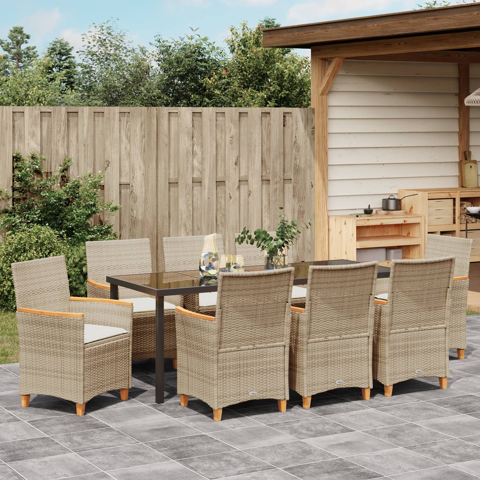 vidaXL 9-teiliges Garten-Essstuhl-Set mit Kissen Beige Poly Rattan