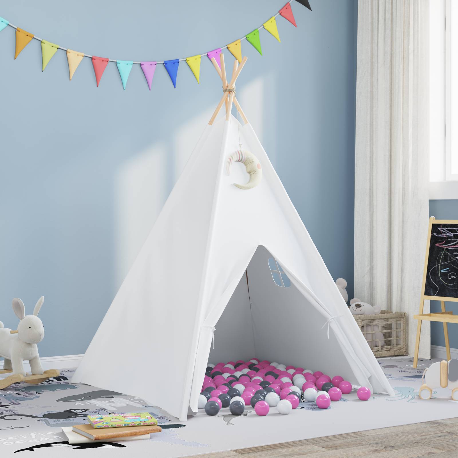 vidaXL Kinder-Teepee-Zelt mit Tasche Pfirsich & Spielbälle Haut Weiß