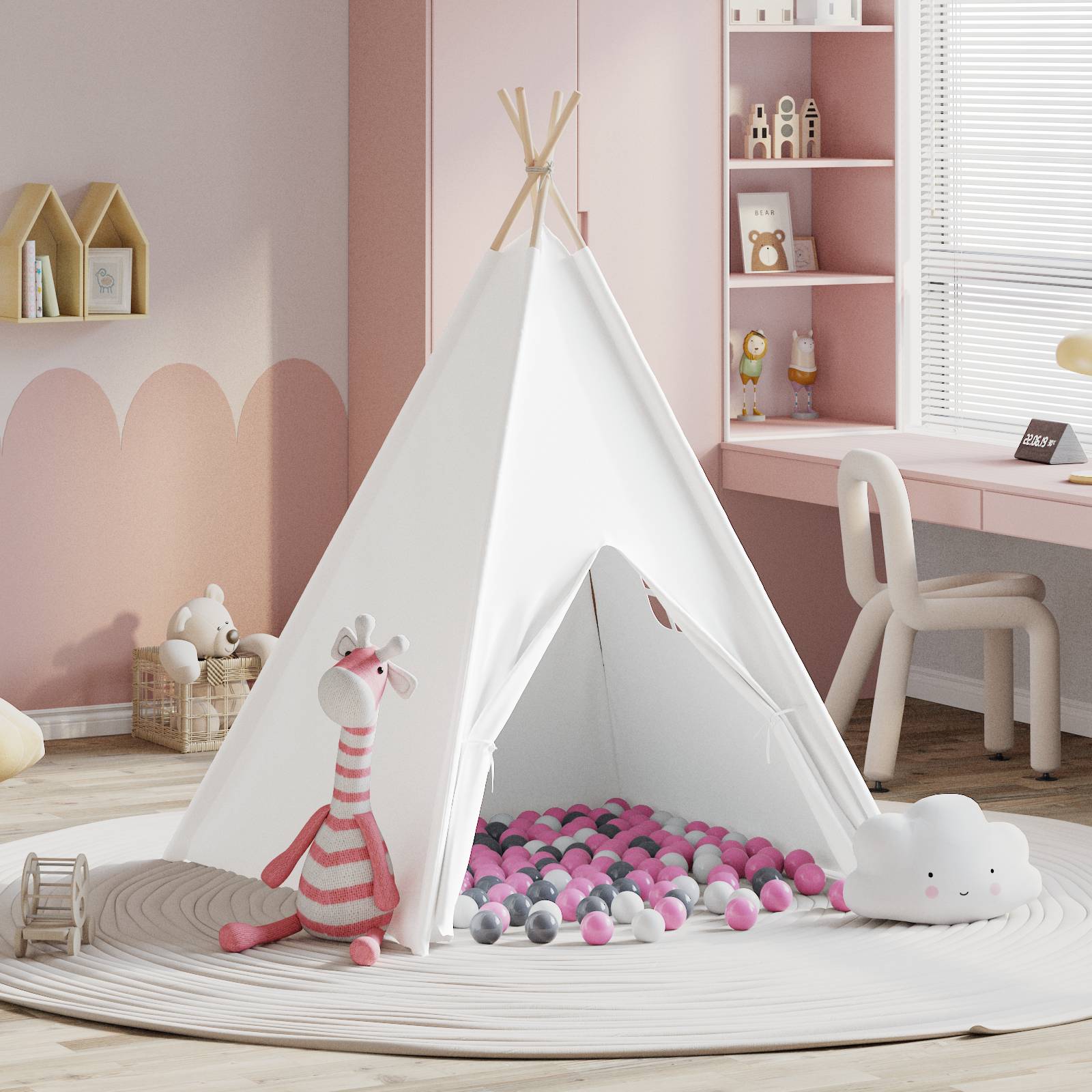 vidaXL Kinder-Teepee-Zelt mit Tasche Pfirsich & Spielbälle Haut Weiß