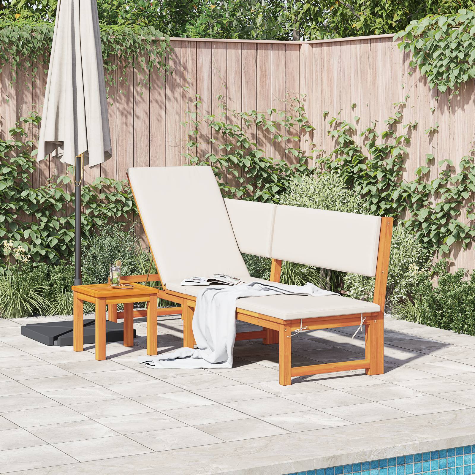 vidaXL Sonnenliege 3-in-1 mit cremefarbenen Kissen aus solidem Akazienholz