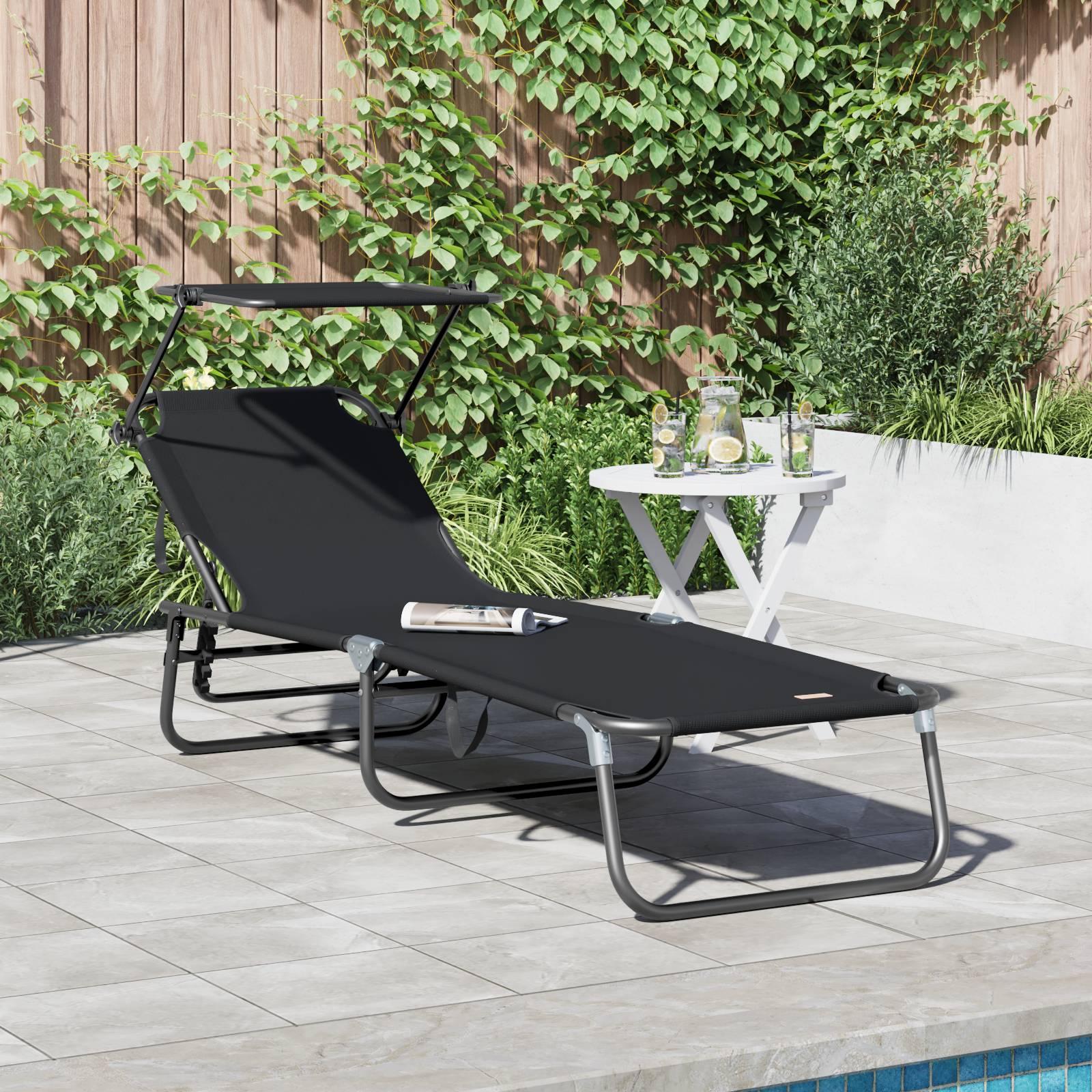 vidaXL Faltbare Sonnenliege mit Sonnendach Schwarz 600D Oxford-Gewebe