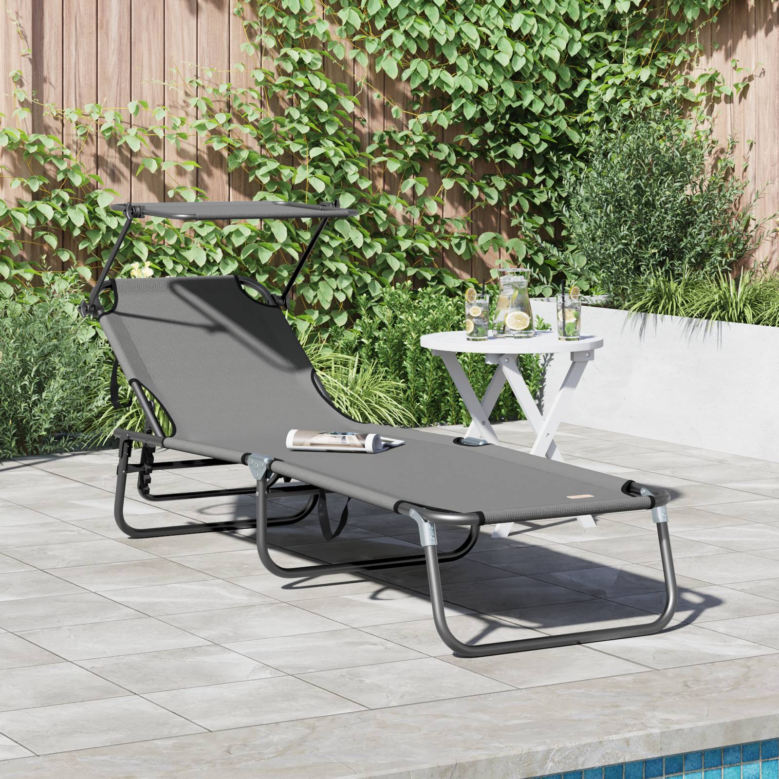 vidaXL Faltbare Sonnenliege mit Sonnendach Grau 600D Oxfordstoff