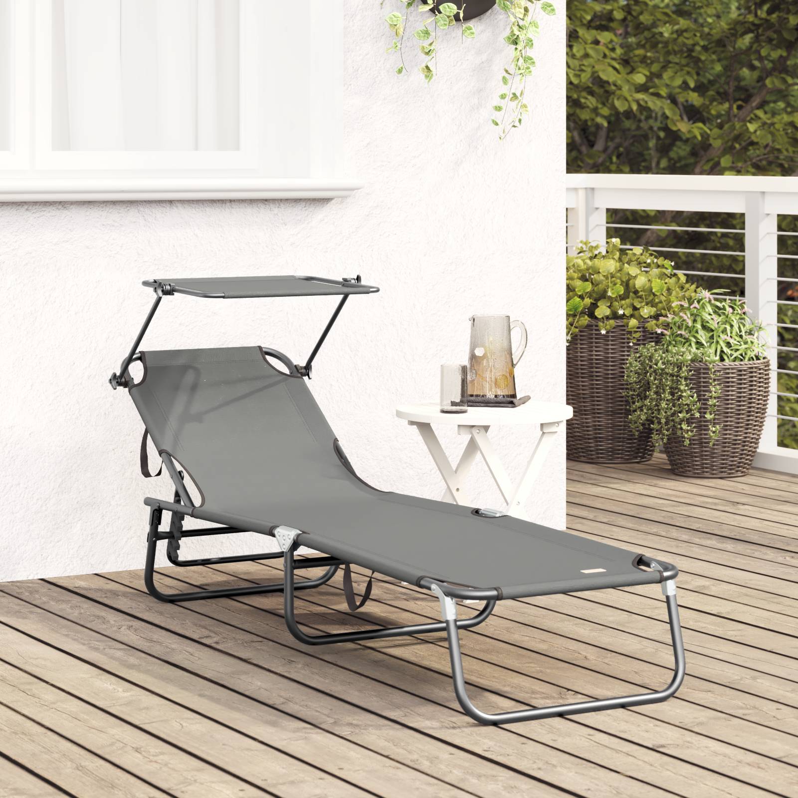 vidaXL Faltbare Sonnenliege mit Sonnendach Grau 600D Oxfordstoff