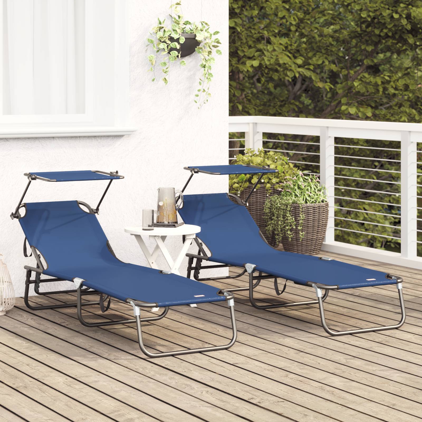 vidaXL Klappbare Sonnenliegen 2 Stück mit Sonnendach Blau 600D Oxford Stoff