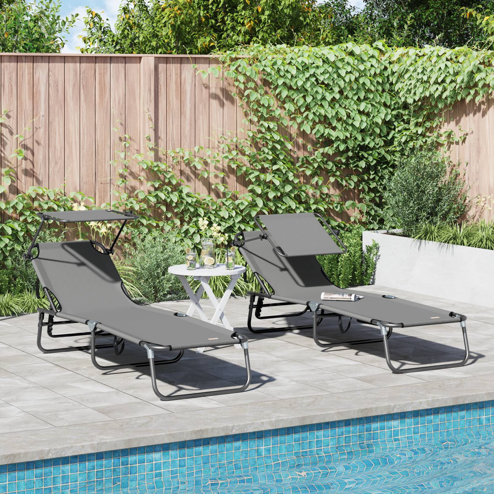 vidaXL Klapp-Sonnenliegen 2 Stk mit Sonnendach Grau 600D Oxford-Stoff