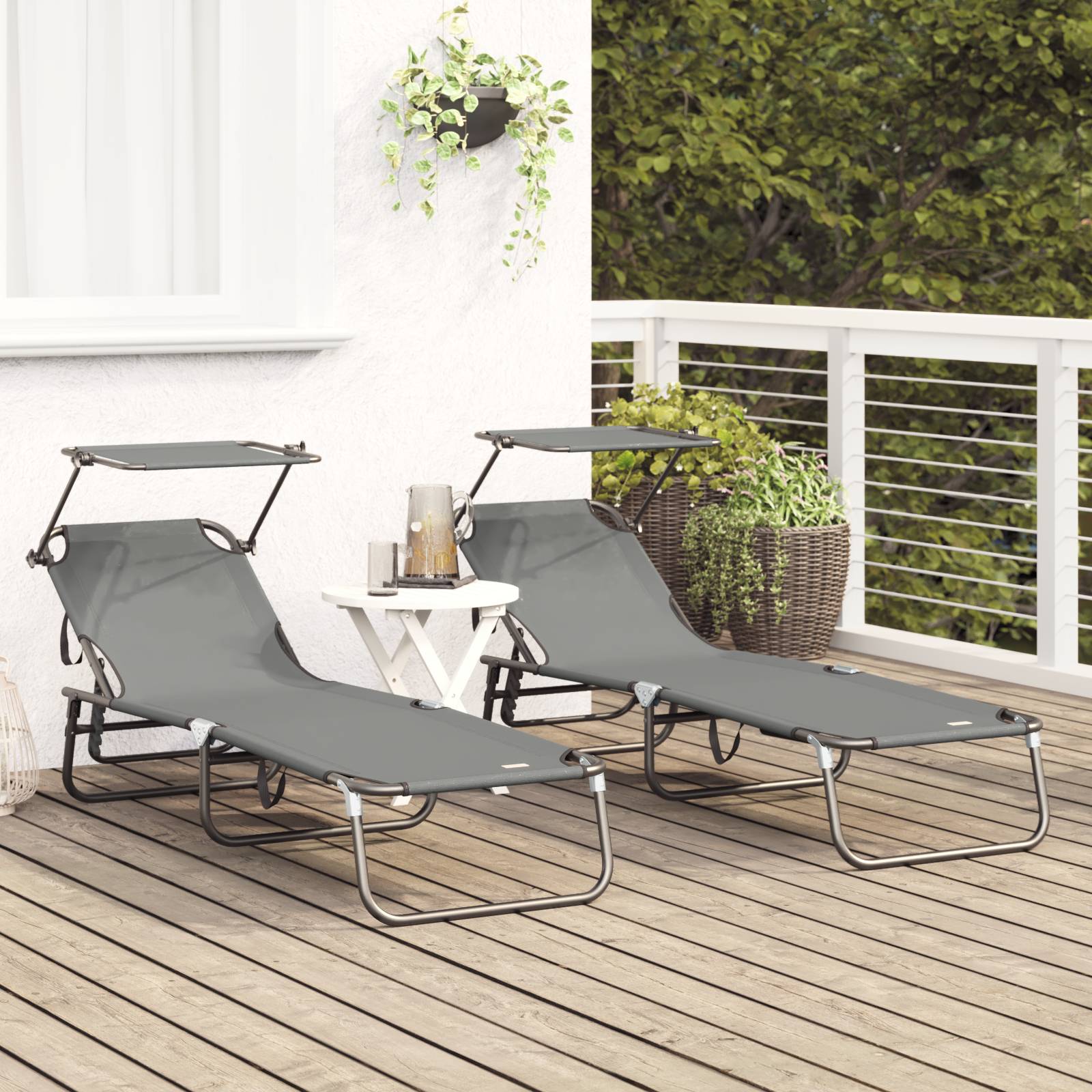 vidaXL Klapp-Sonnenliegen 2 Stk mit Sonnendach Grau 600D Oxford-Stoff