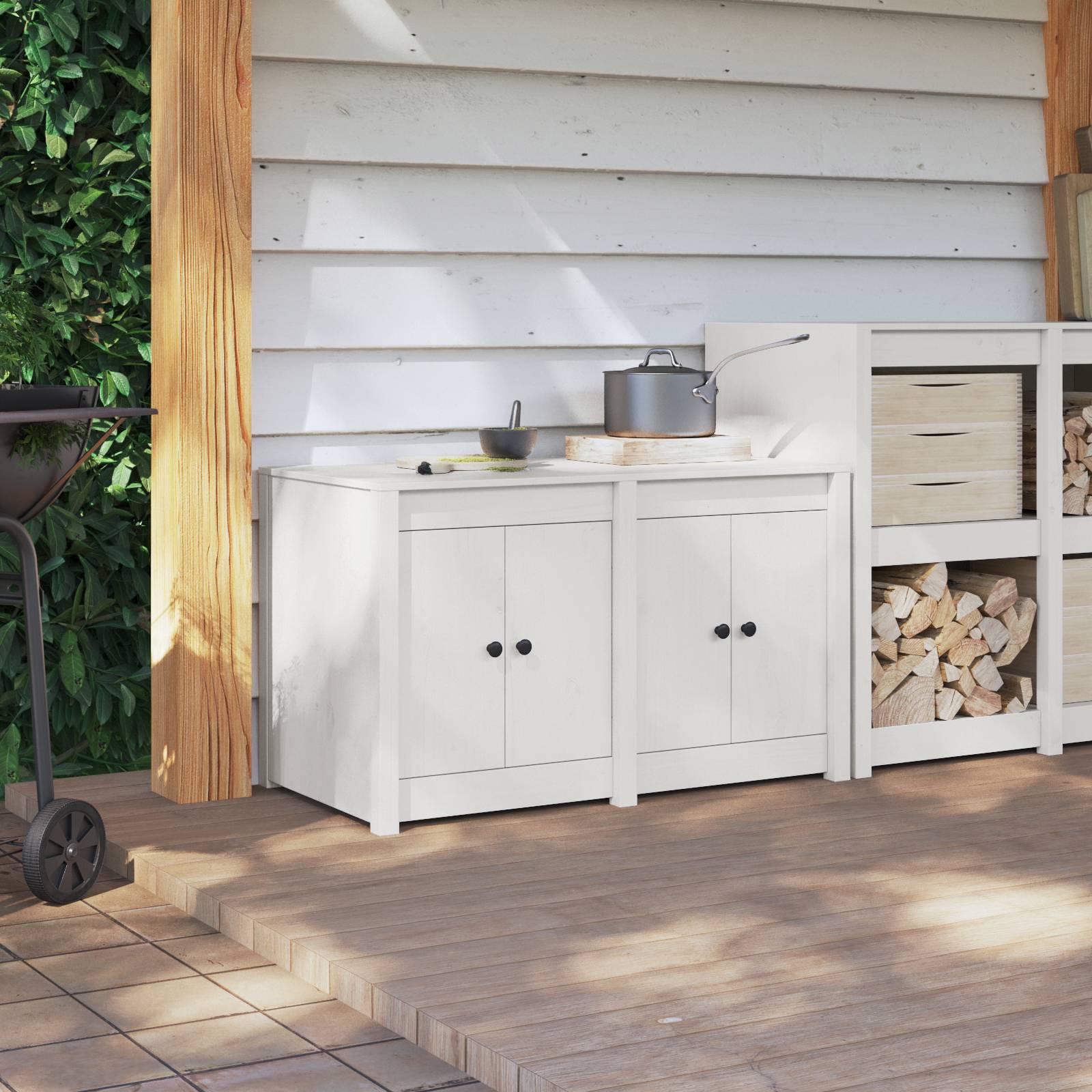 vidaXL Outdoor Küchenunterschrank Weiß 106x55x64 cm Massivholz Kiefer