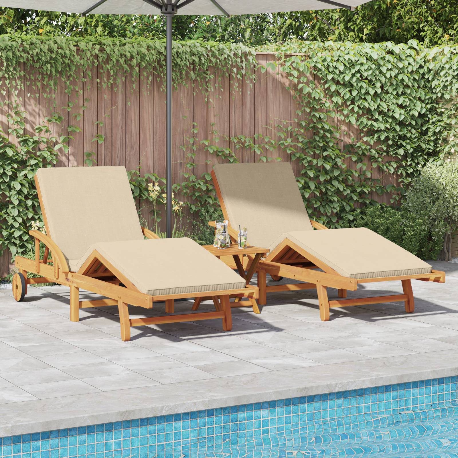 vidaXL Sonnenliegen 2 Stück mit Kissen und Rädern Beige aus Massivholz Akazie