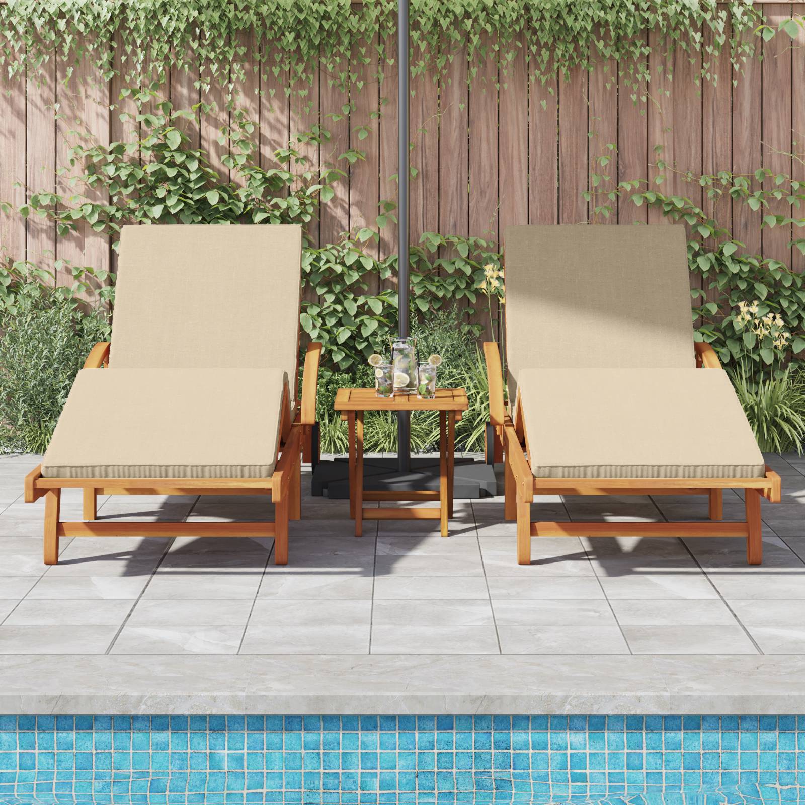 vidaXL Sonnenliegen 2 Stück mit Kissen und Rädern Beige aus Massivholz Akazie