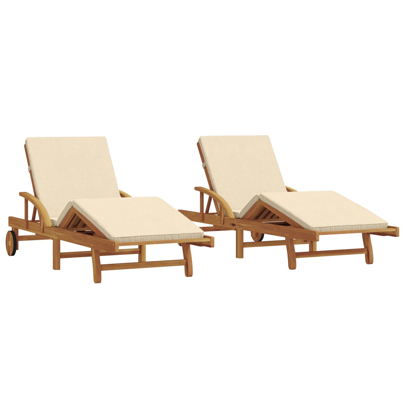 vidaXL Sonnenliegen 2 Stück mit Kissen und Rädern Beige aus Massivholz Akazie
