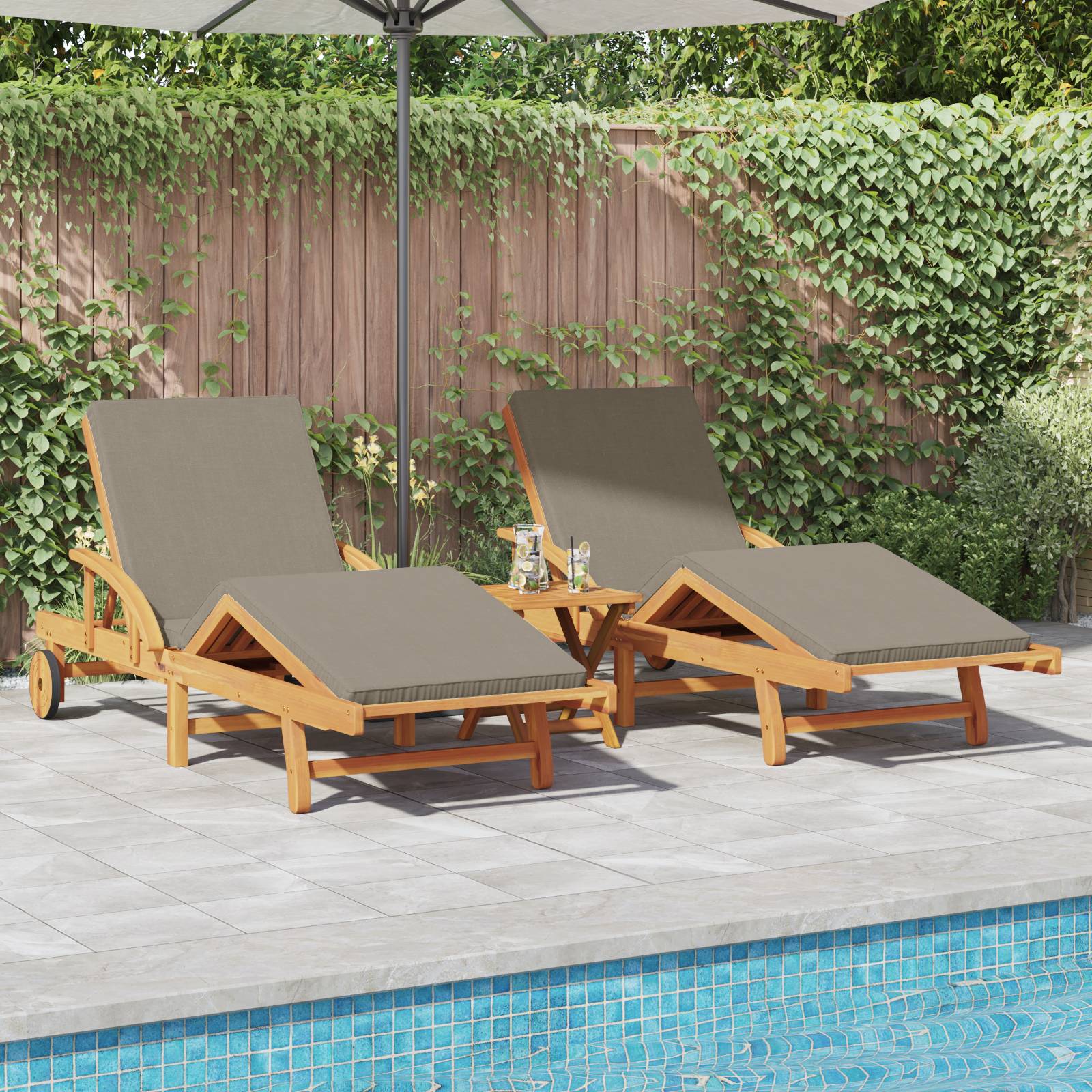 vidaXL Sonnenliegen 2 Stück mit Kissen und Tisch Taupe Massivholz Akazie