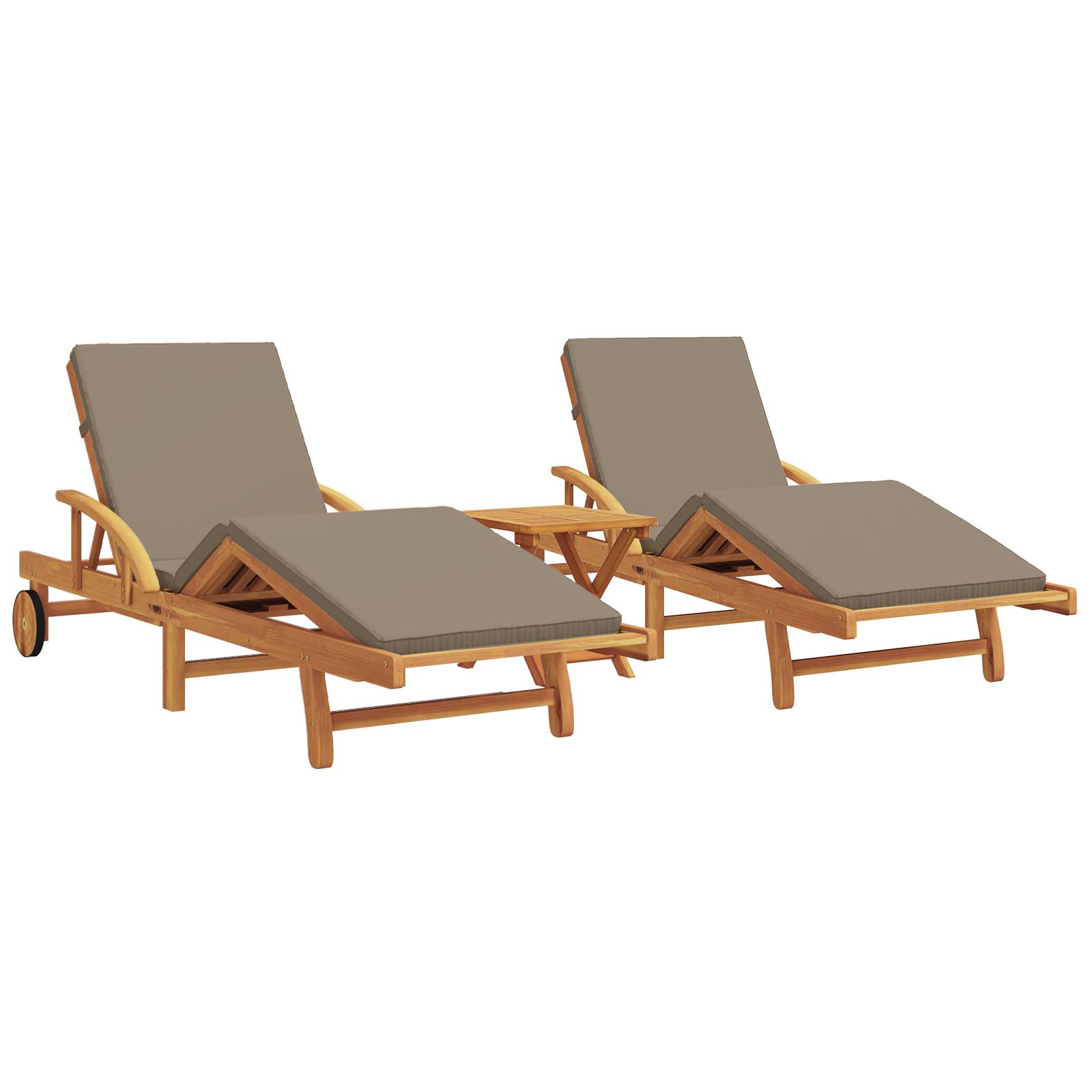 vidaXL Sonnenliegen 2 Stück mit Kissen und Tisch Taupe Massivholz Akazie