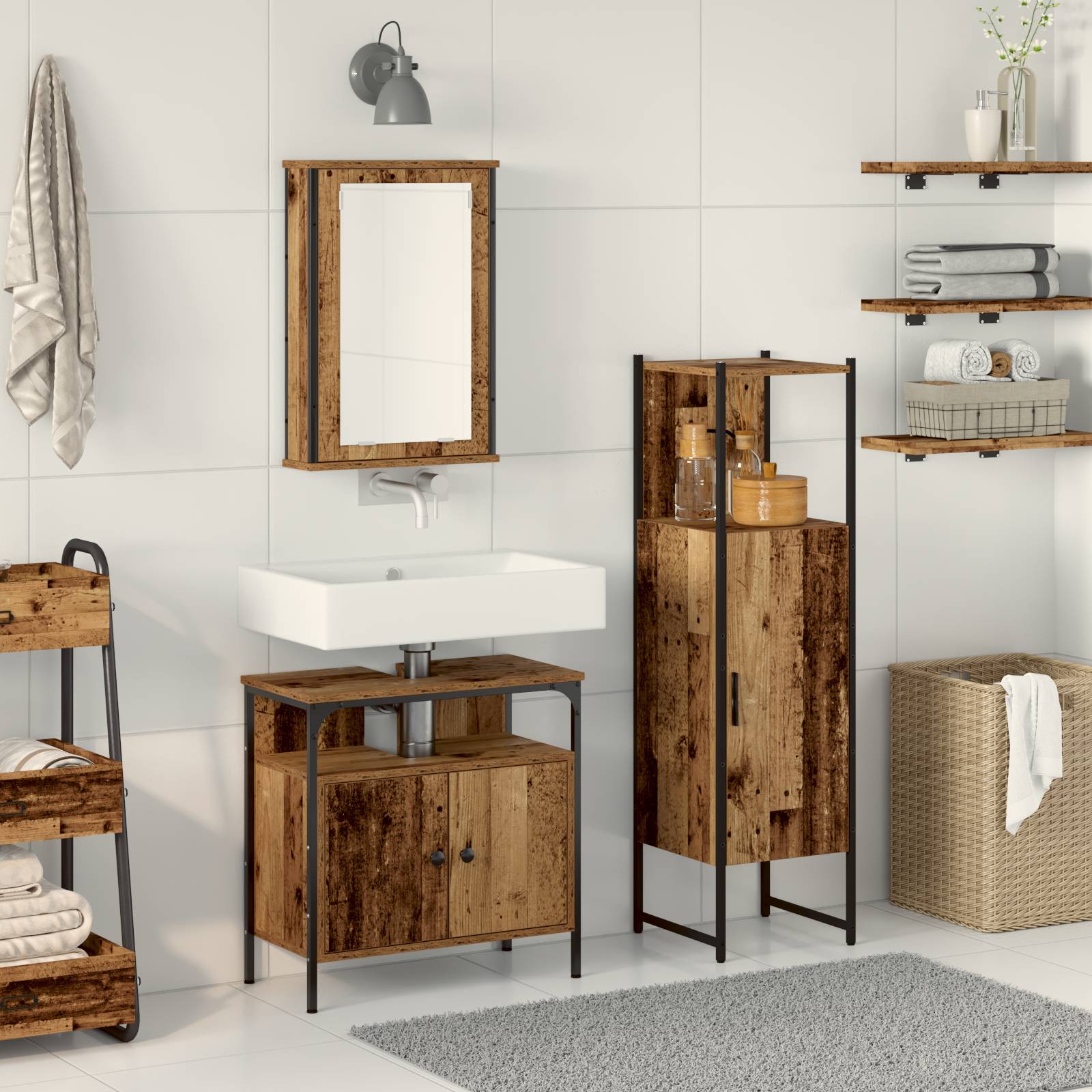 vidaXL 3-teiliges Badezimmermöbel Set Altholz Holzwerkstoff