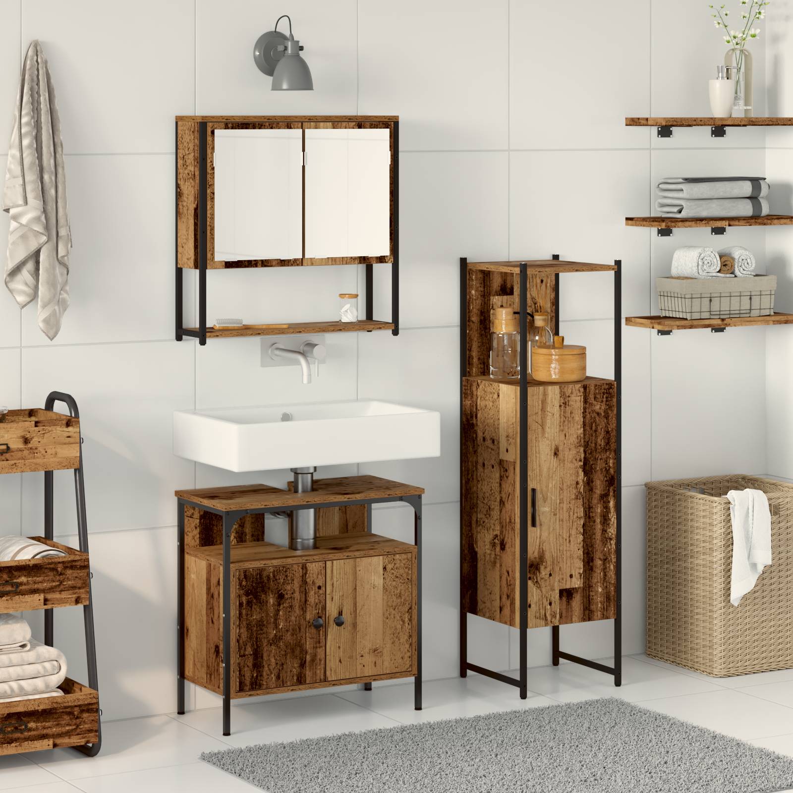 vidaXL 3-teiliges Badezimmermöbelset Altes Holz