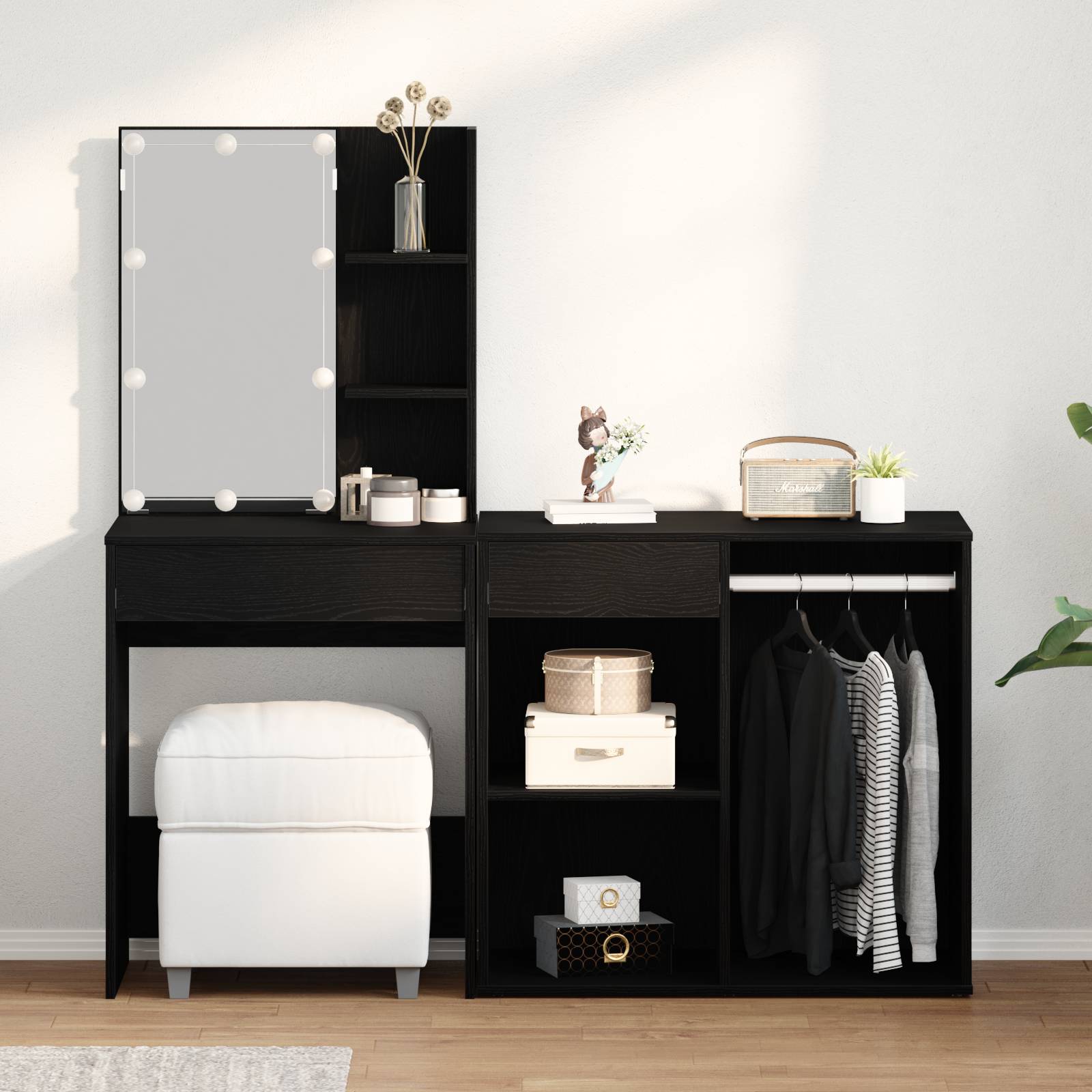 vidaXL Schminktisch mit LED & Schrank Schwarz-Eiche Holzwerkstoff