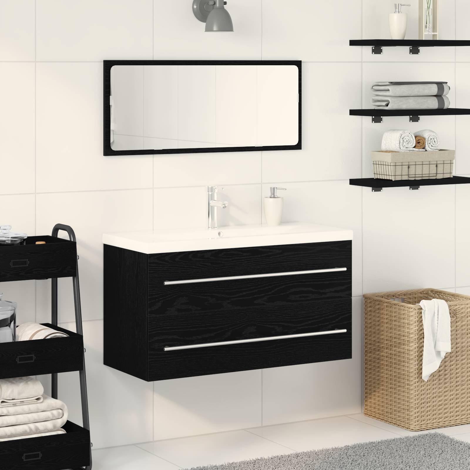 vidaXL Waschbeckenschrank mit Einbaubecken Schwarz Eiche Holzwerkstoff