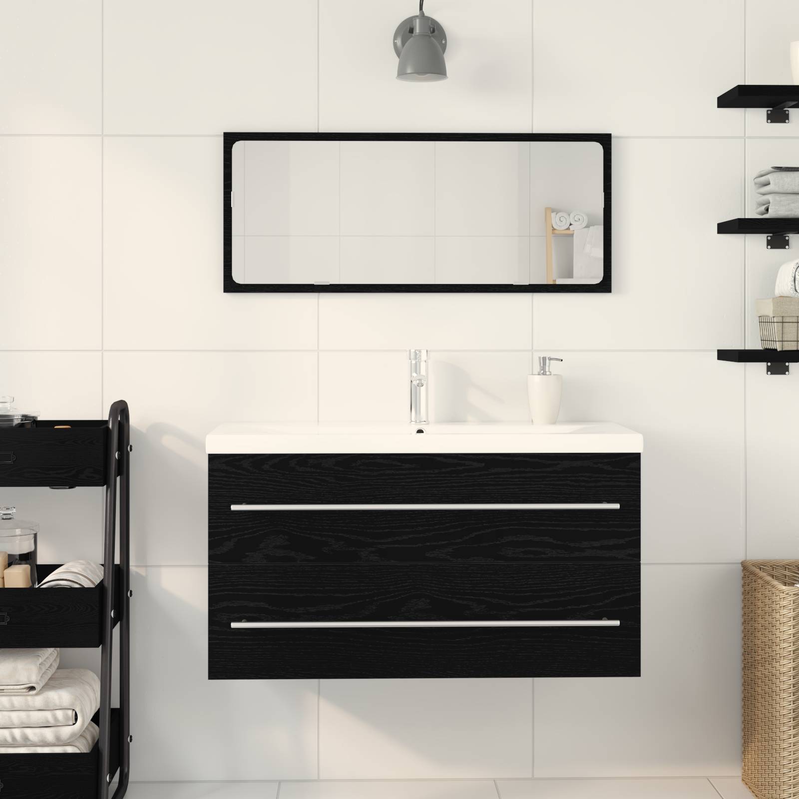 vidaXL Waschbeckenschrank mit Einbaubecken Schwarz Eiche Holzwerkstoff