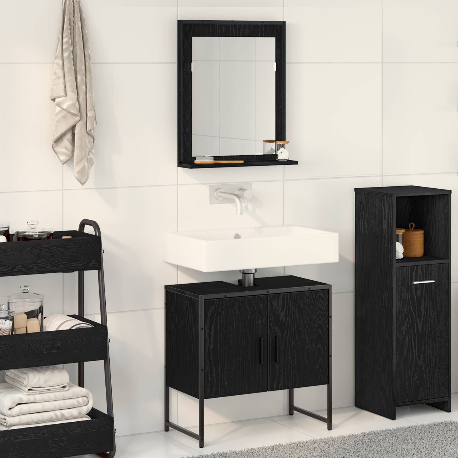 vidaXL 2-teiliges Badezimmer-Schränkchen-Set aus schwarzem Eichenholzwerkstoff