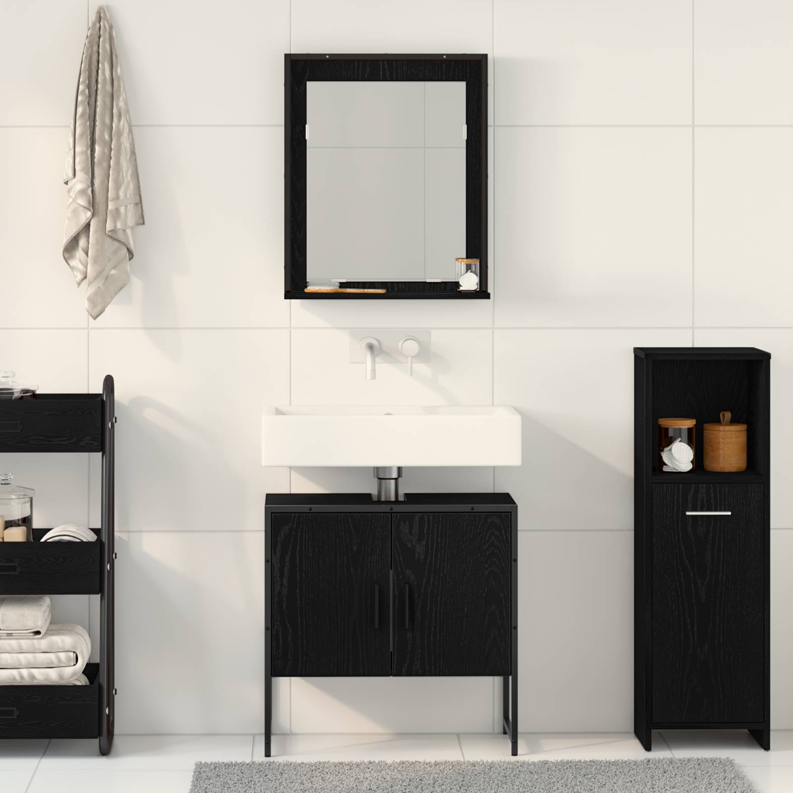 vidaXL 2-teiliges Badezimmer-Schränkchen-Set aus schwarzem Eichenholzwerkstoff