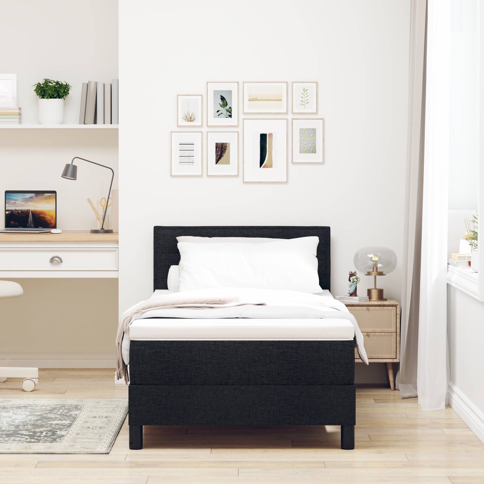 vidaXL LED Boxspringbett mit Matratze Schwarz 90x200 cm Stoff