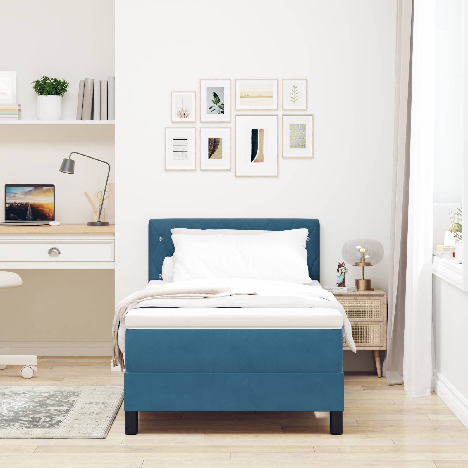 vidaXL LED Boxspringbett mit Matratze Dunkelblau 90x190 cm Samt