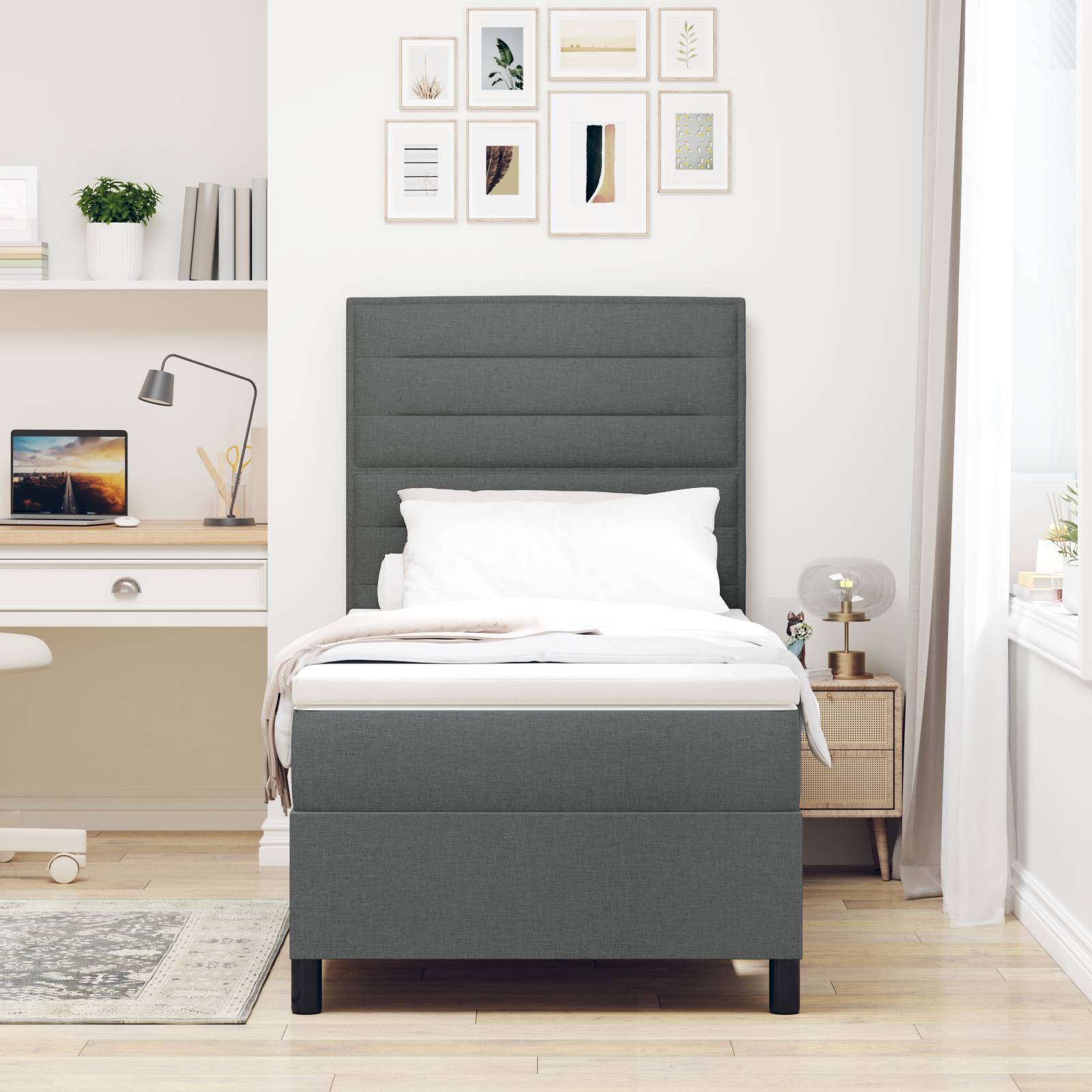 vidaXL Boxspringbett mit Matratze und LED in Dunkelgrau, 90 x 190 cm Stoff