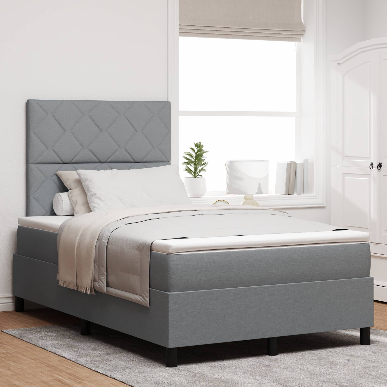 vidaXL Boxspringbett mit Matratze und LED-Licht in Hellgrau, 120 x 200 cm.